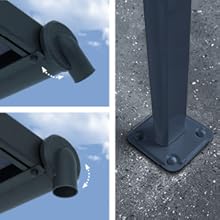 Vues rapprochées d'un poteau métallique ou d'une base de support. Montre une plaque de montage carrée noire avec vis, fixée à une surface en béton.