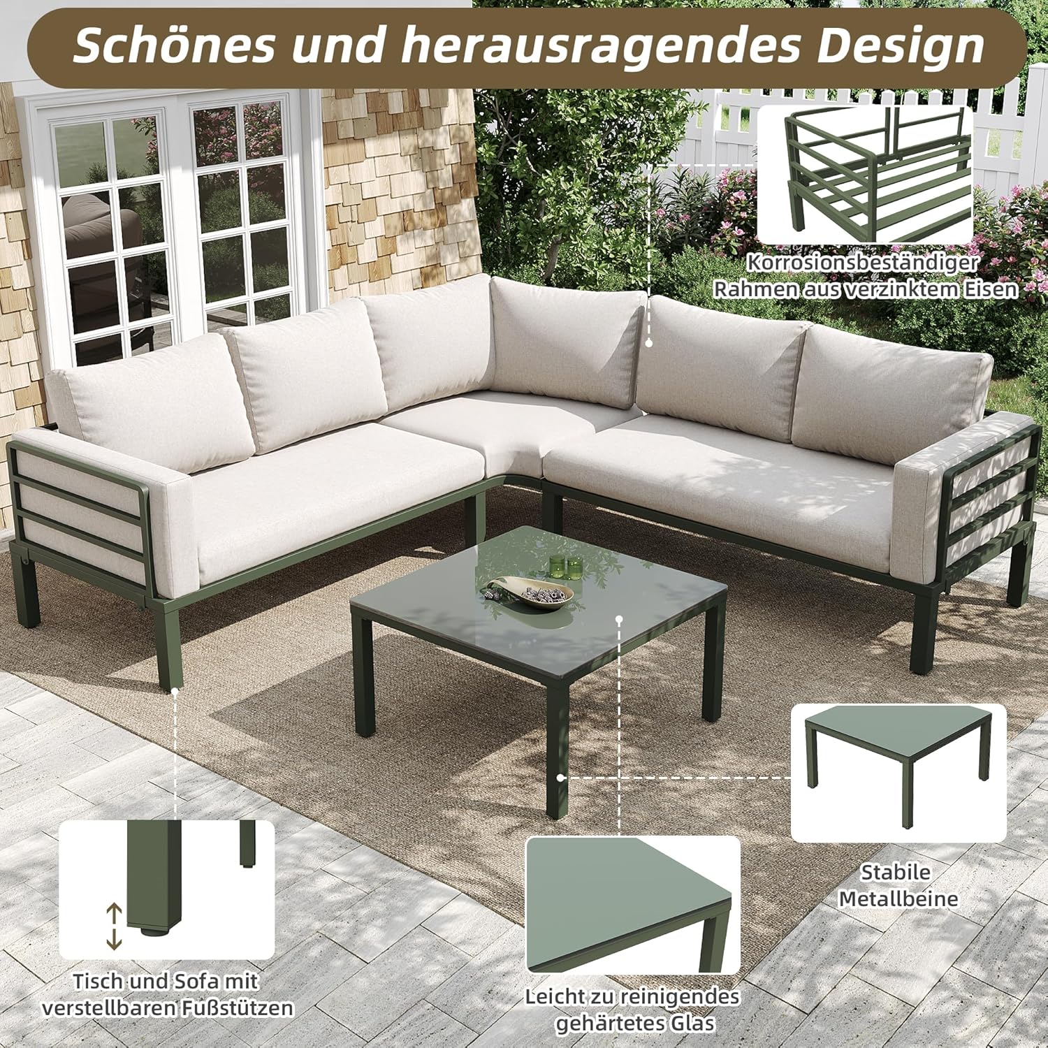 Sapgaks - Salon de jardin D-Beige, fer galvanisé, 4-5 pers., coussins