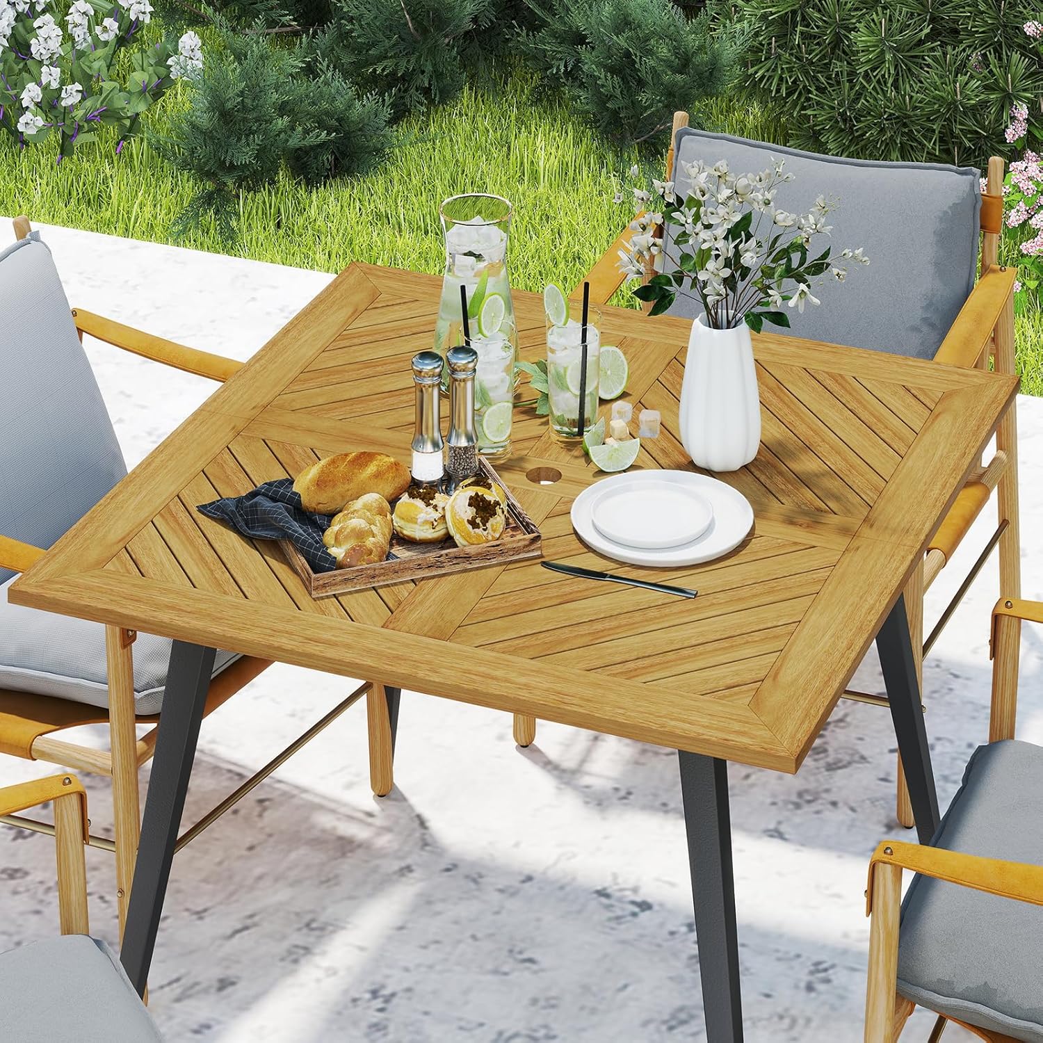 GOPLUS - table de jardin 107x75cm - bois d'acacia, métal, 75kg, trou parasol