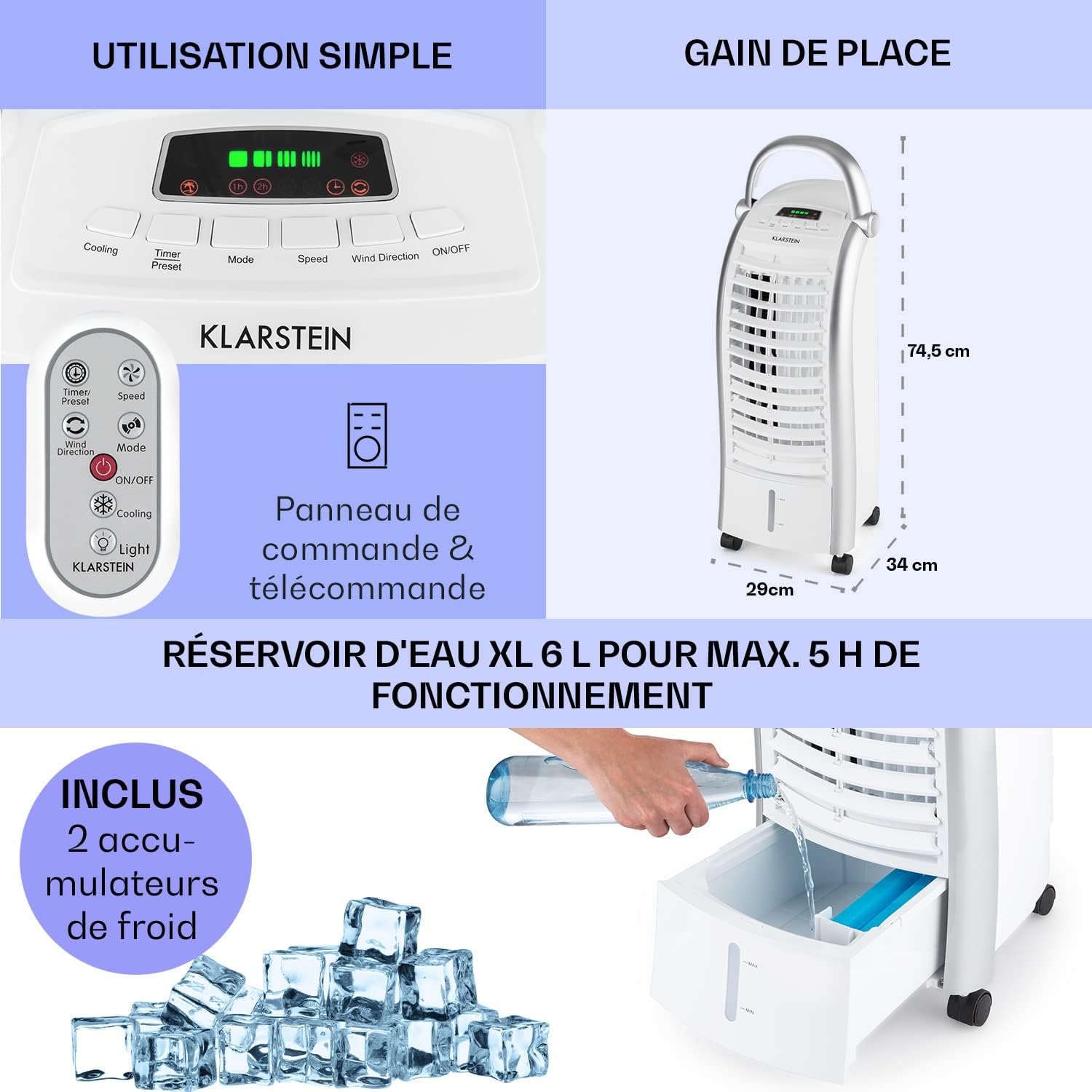 Klarstein Rafraichisseur d'Air 4 en 1, Climatiseur Portable, Humidificateur, Ventilateur, Ioniseur, Climatiseur Mobile Sans Évacuation, Pack Glacons, Réservoir 6L, 65W, Puissant Débit d'Air 444m³/h
