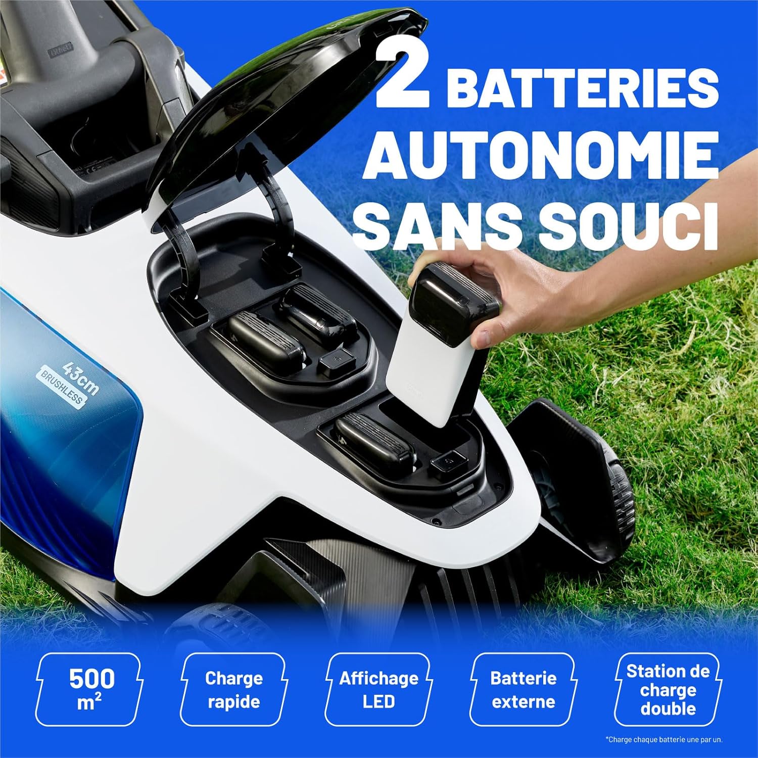Litheli - Easysurge série - 43 cm - Autotractée, 2x20V batteries, 50L bac, réglable, pour pelouses jusqu’à 500m²