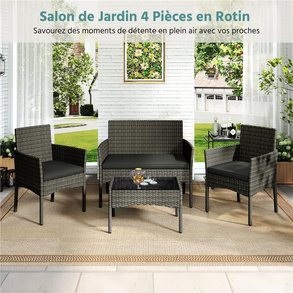 Yaheetech - Salon de Jardin 4 pièces - Polyrotin métal - Canapé 2 places, fauteuils, coussins, table basse