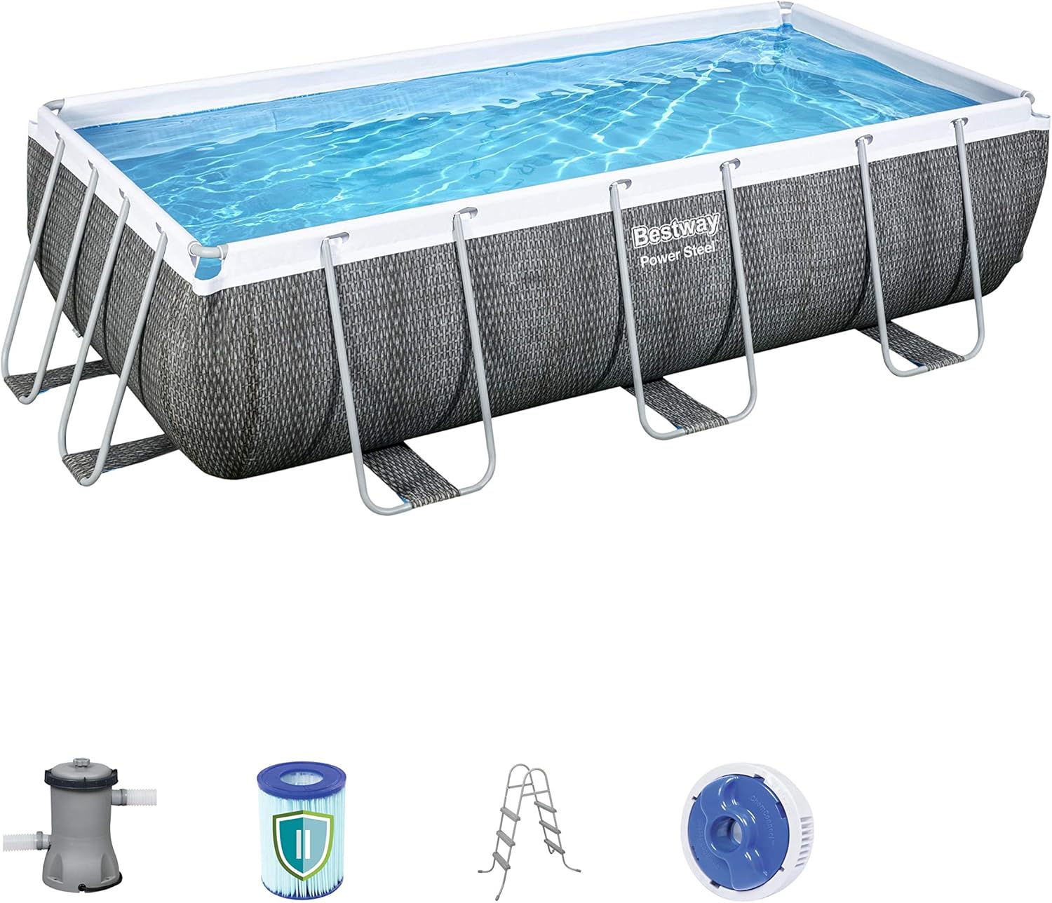 Bestway 56721 Power Steel - Piscine hors sol rectangulaire, 404 x 201 x 100 cm, pompe de filtration et distributeur ChemConnect inclus, effet rotin gris