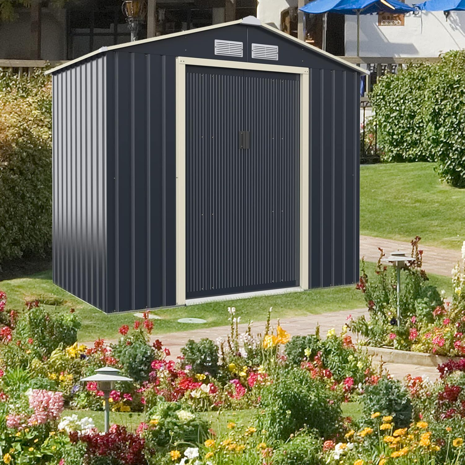 GOPLUS 2,37㎡ Abri de Jardin Métal Galvanisé, Cabine de Jardin Extérieur Portes Coulissantes, Résistant aux Intempérie, 4,63m³, Cabane de Rangement à Outils, 213 x 127 x 195 cm, Gris