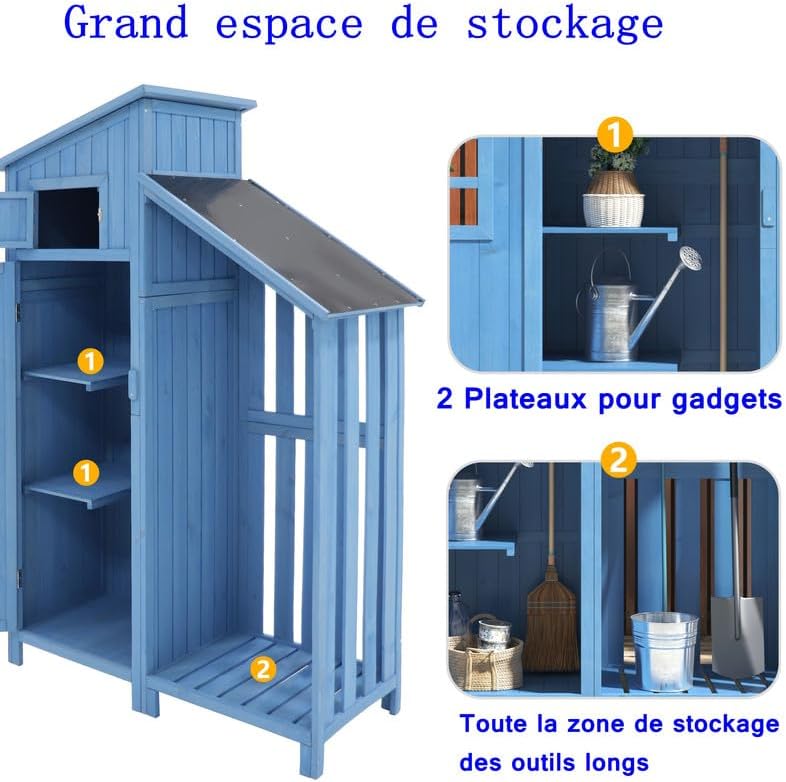 Abri de Jardin en Bois - 124x46x174cm - rangement extérieur avec serrure, toiture PVC