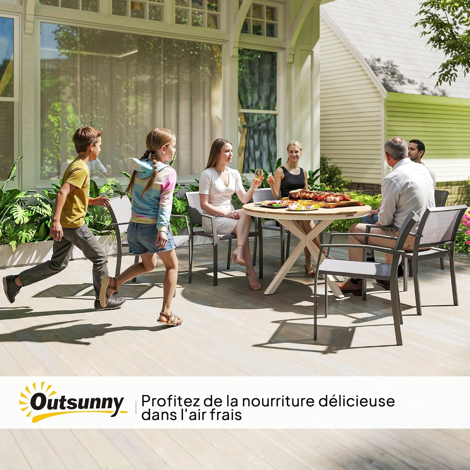 Outsunny - table ronde de jardin ø118 cm - aluminium, effet bois, pieds réglables