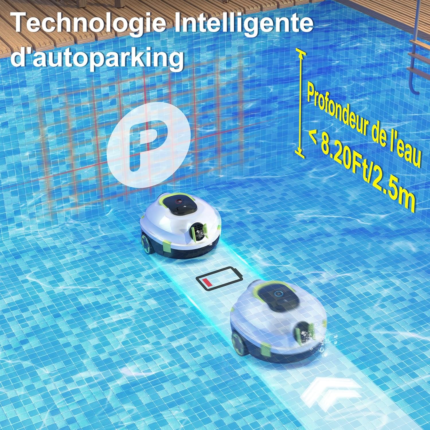 MEDOXA Robot de Piscine sans Fil, aspirateur de Piscine Automatique, 120 Minutes d'autonomie, stationnement Automatique, léger, Puissant Robot pour Piscine Hors-Sol/enterrée jusqu'à 110 ㎡(blancvert)