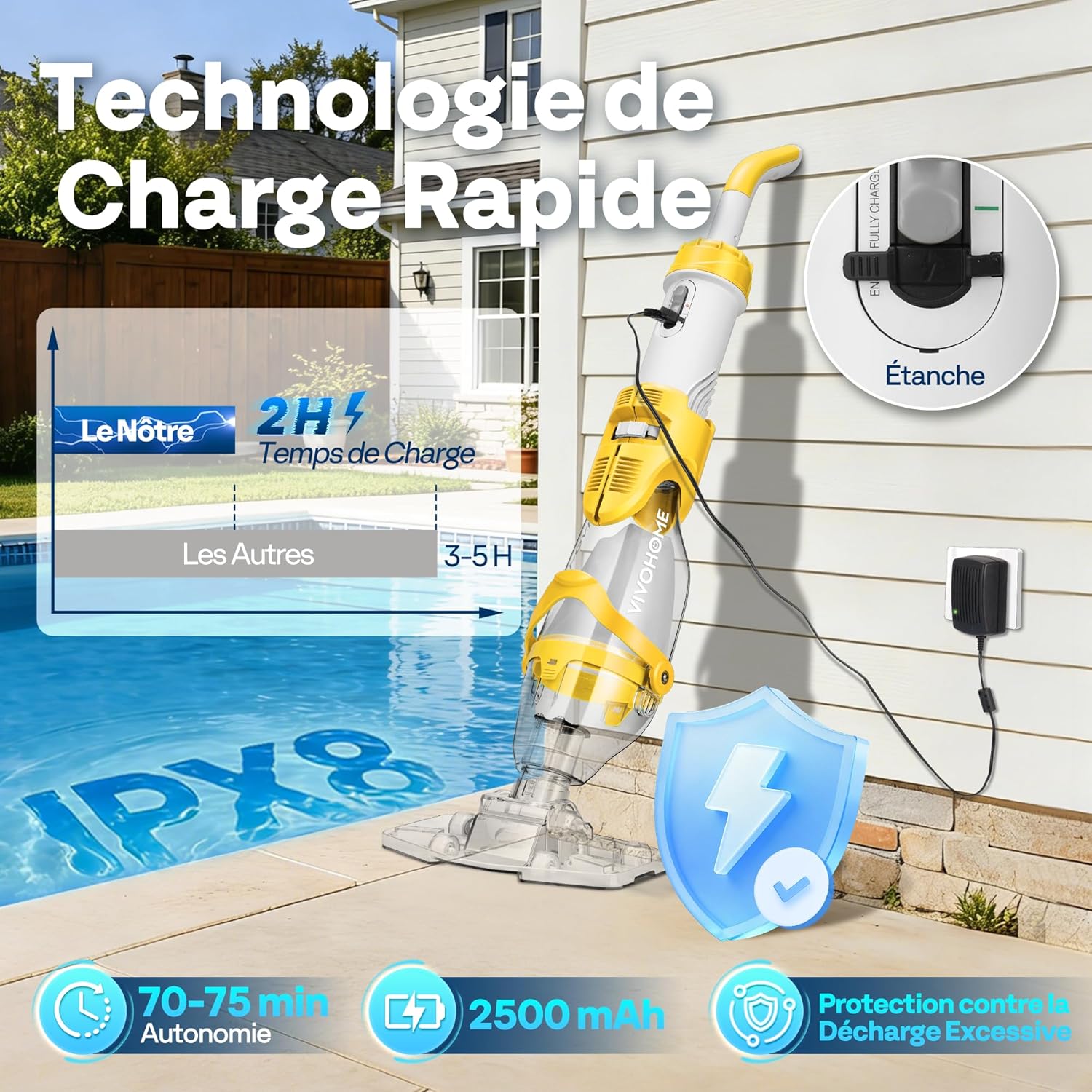 VIVOHOME - Aspirateur piscine sans fil, perche 250cm, 4300LPH, autonomie 75 min, batterie Spa