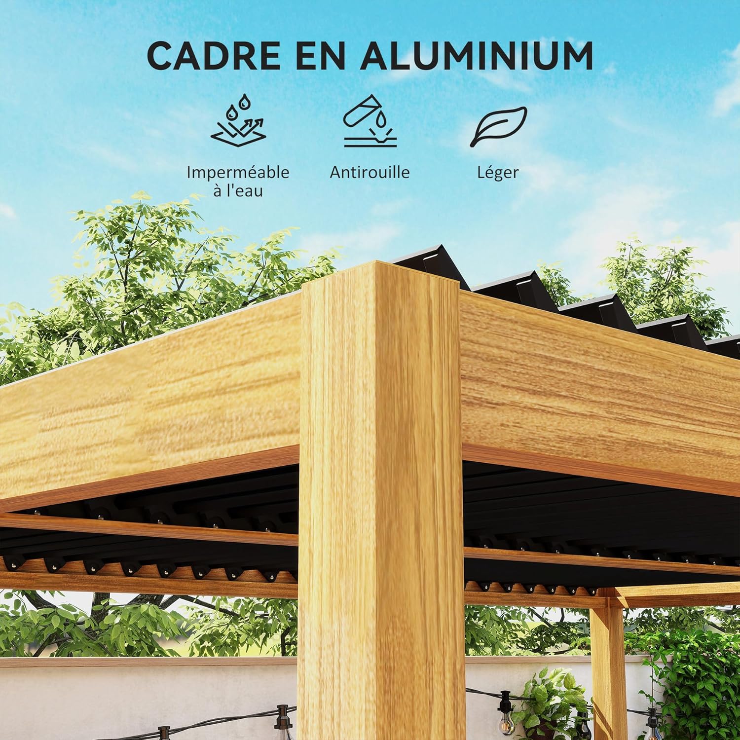 Outsunny - pergola bioclimatique aluminium 3x4m, lames orientables, noir effet bois