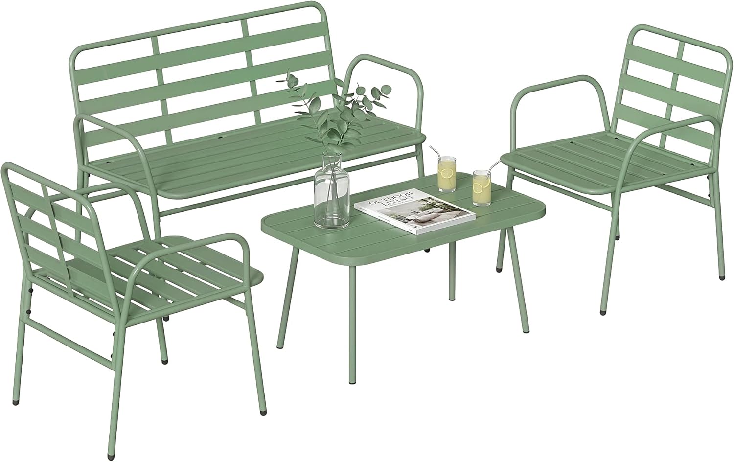 Outsunny - Salon de jardin 4 pièces - acier vert - canapé et fauteuils