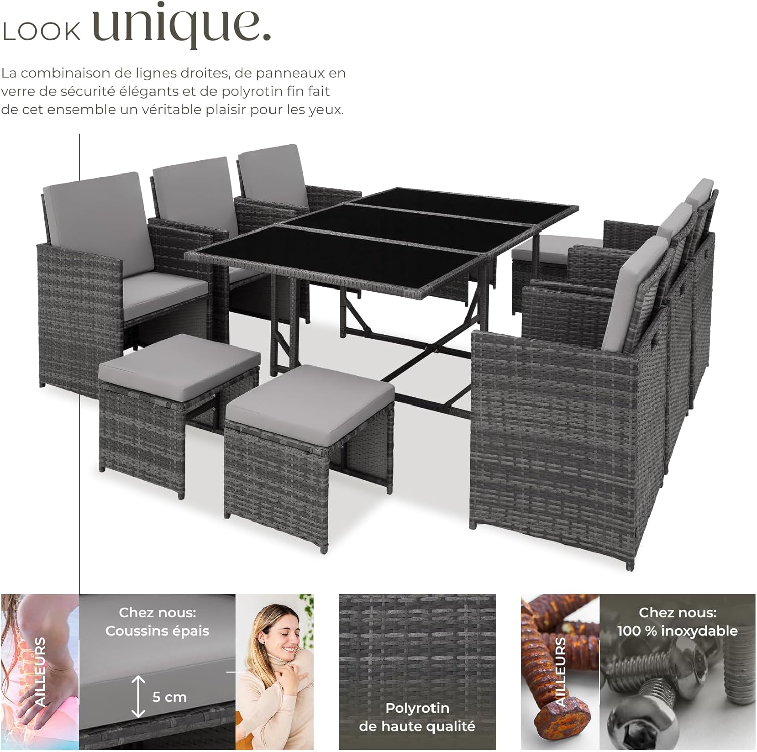 tectake - Salon de jardin Poly Rotin 10 pers. 6 fauteuils et 4 poufs, table et housse