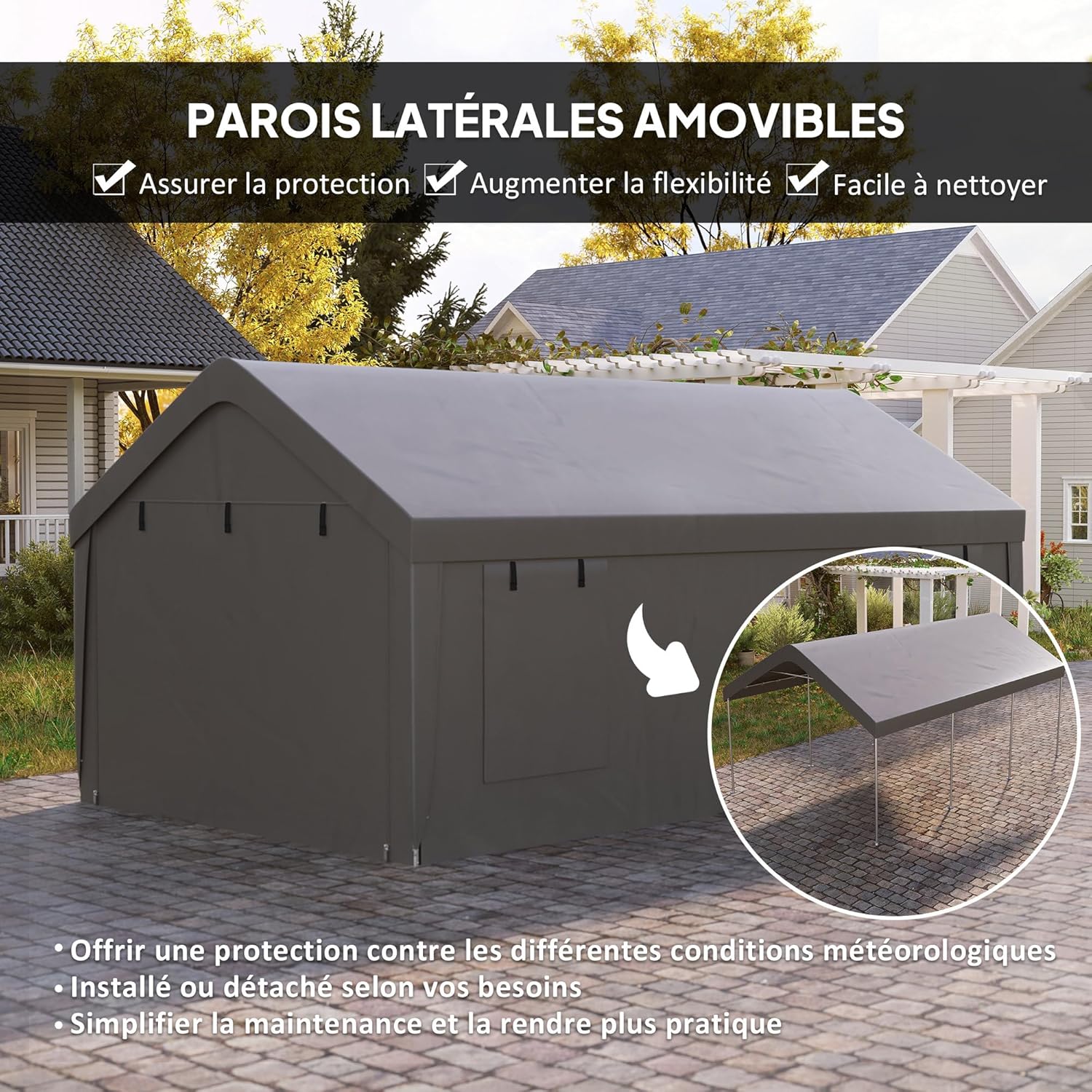 Outsunny - Carport 3x6 m - parois amovibles, 4 fenêtres, 2 portes roulantes