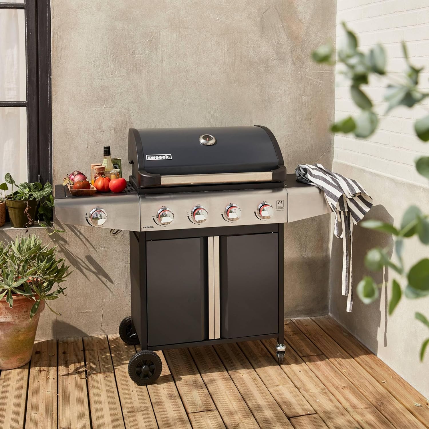 Alice's Garden - Bazin Gris anthracite - cuisine 5 brûleurs, rangement, roues, thermomètre