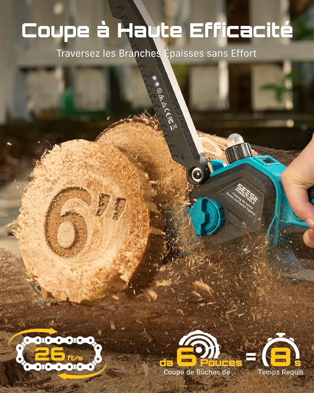 SEESII 2-in-1 Elagueuse sur Perche, Mini Tronçonneuse Brushless 6 Pouces avec 2 x 4000 mAh Batteries, Coupe Branche Telescopique, Portée 4,87 M, Idéal Extérieur & Jardinage