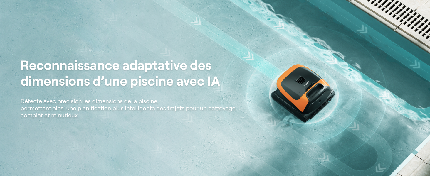 Le texte se lit comme suit : « Reconnaissances adaptables des dimensions d'une piscine avec IA ». Vue aérienne d'un robot nettoyeur de piscine orange et noir dans une eau turquoise avec des ondulations de vagues.