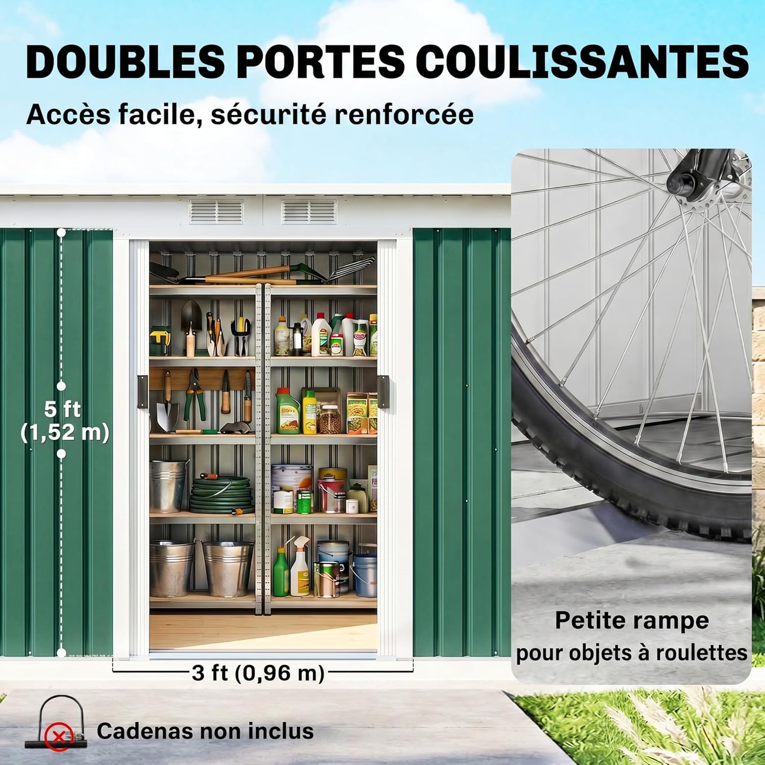 Outsunny Abri de Jardin en Acier galvanisé XXL 3,6 m² avec kit de Fondation 280 x 130 x 172 cm, cabane de Jardin cabanon Rangement Outils avec Portes coulissantes verrouillables aérations, Vert foncé