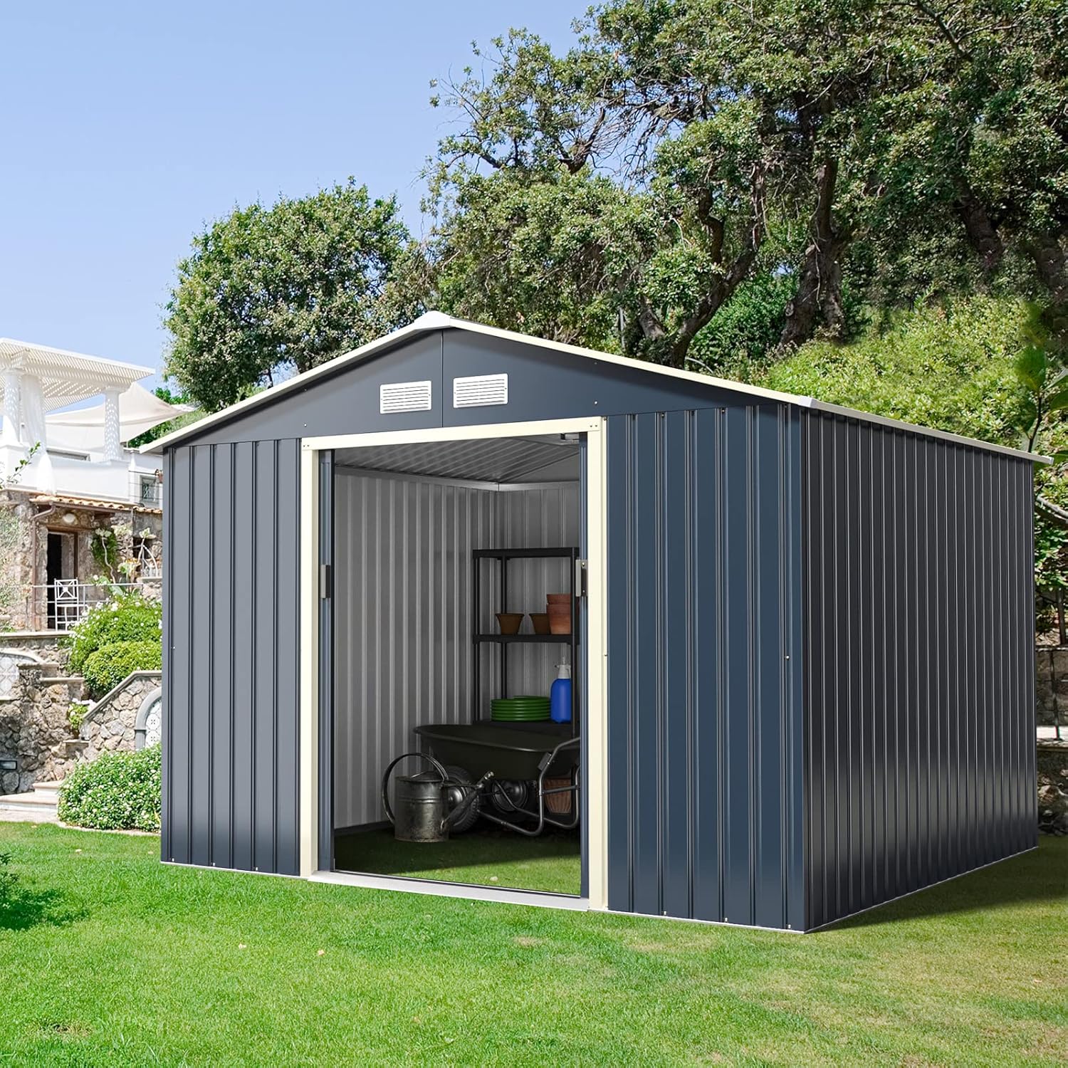 GOPLUS - abri de jardin métal 277x255x202cm, portes coulissantes, résistant intempéries