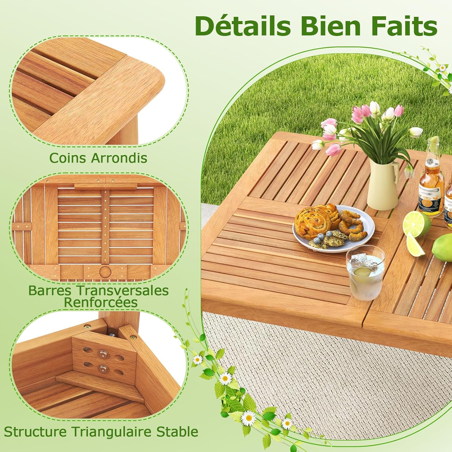 Costway - Table en bois d’Acacia, 170x90 cm, trou pour parasol 5 cm, 6 personnes