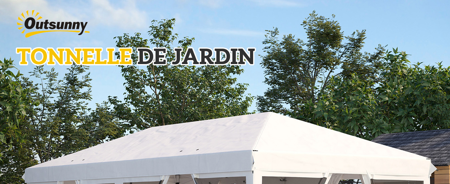 Belvédère de jardin blanc avec toit pointu, sur fond d'arbres. Le nom de la marque Outsunny et le texte « Tonnelle de jardin