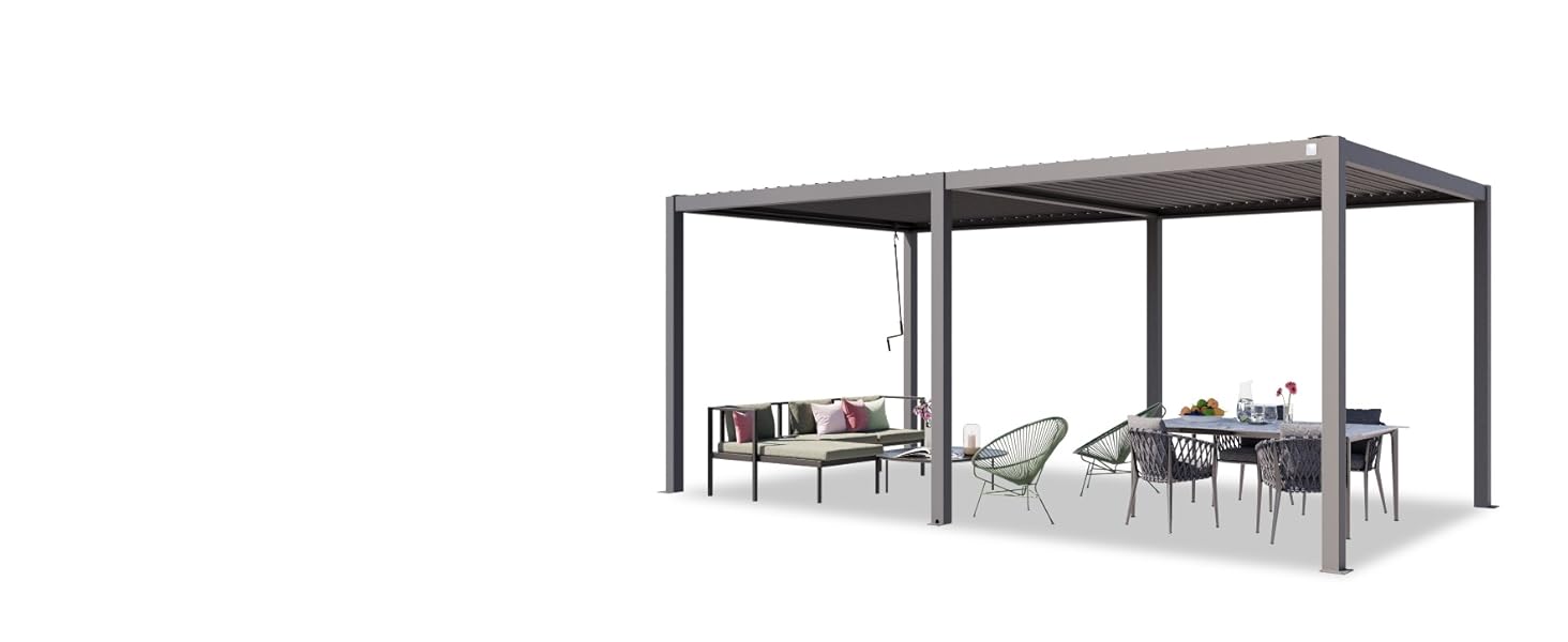 Structure de pergola extérieure moderne avec structure en métal gris, avec coin salon intégré avec mobilier et chaises longues en dessous.