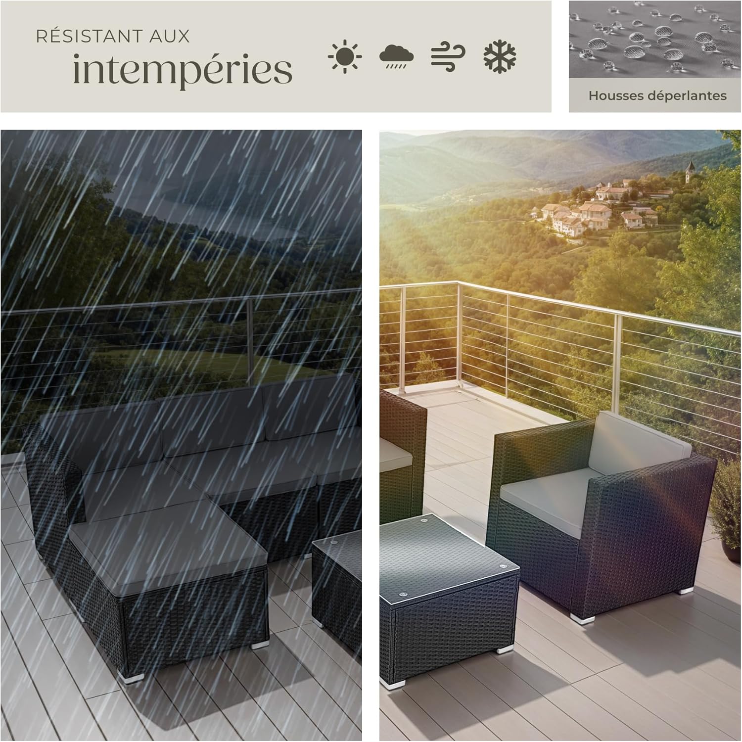 tectake - salon modulable 5 places poly rotin - coussins inclus - 4 fauteuils, 1 pouf, 1 table