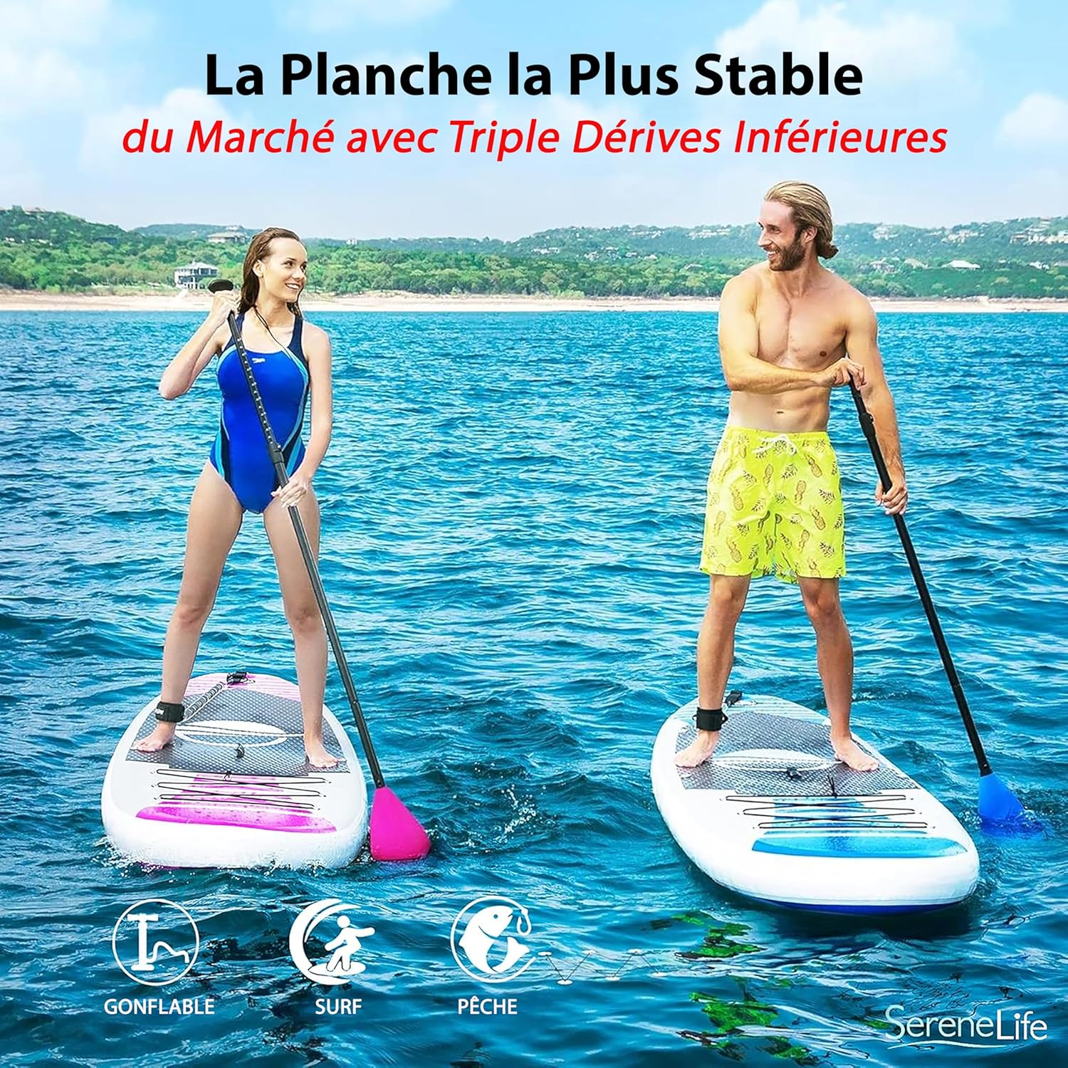 SereneLife Stand Up Paddle Gonflable Adulte 6” – Planche de Paddle avec Accessoires Sup, Sac de Transport, Pont Antidérapant, pour Mer, Lac, Rivière