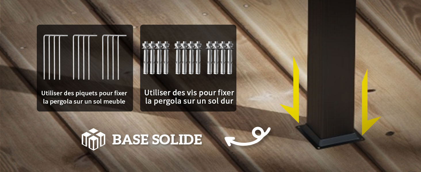 Schéma d'instructions pour l'installation de la pergola. Montre des piquets et des vis en métal avec un texte en français décrivant leur utilisation sur différentes surfaces.