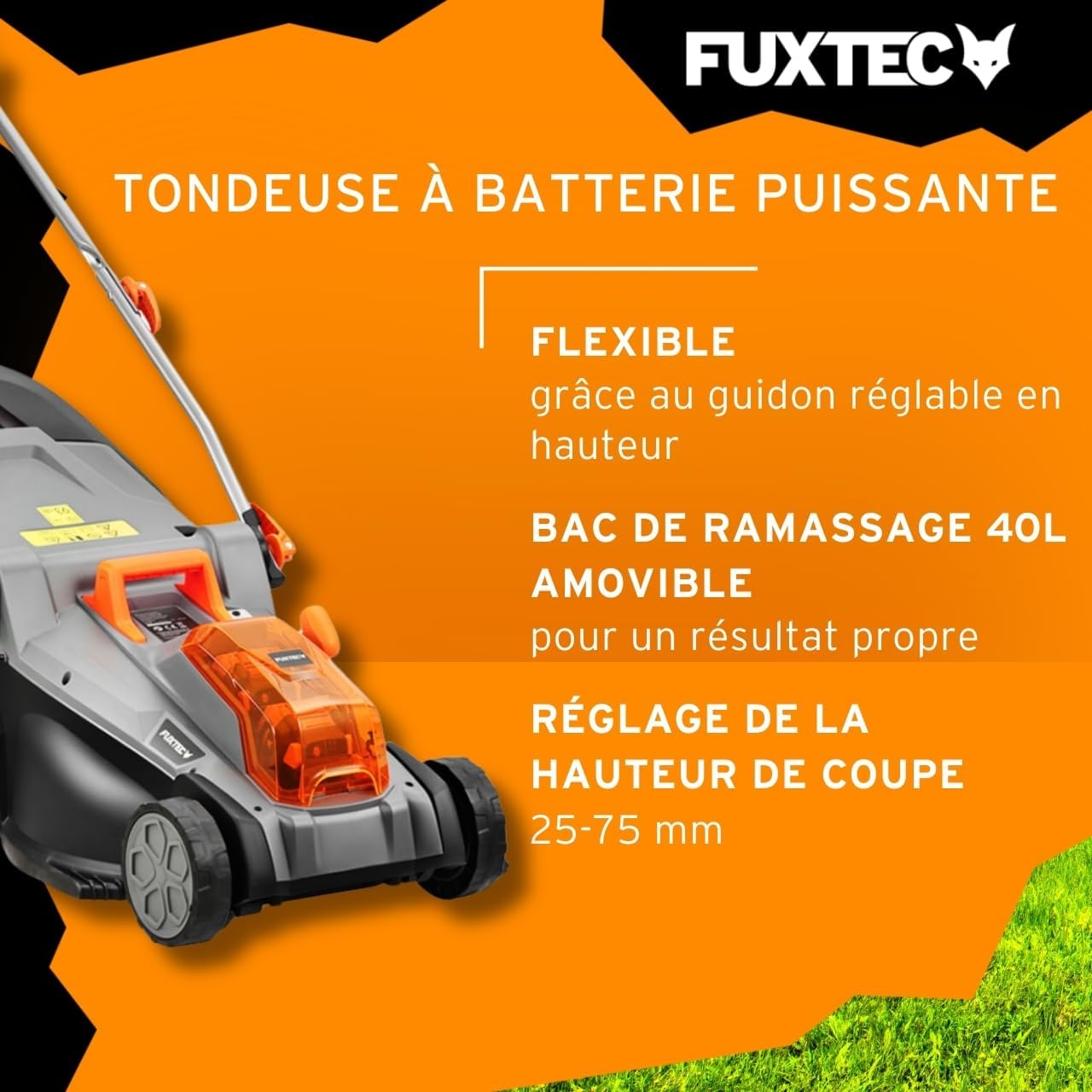 FUXTEC - Tondeuse à gazon E2RM37 - 37 cm - batterie 40V, hauteur réglable E2RM37