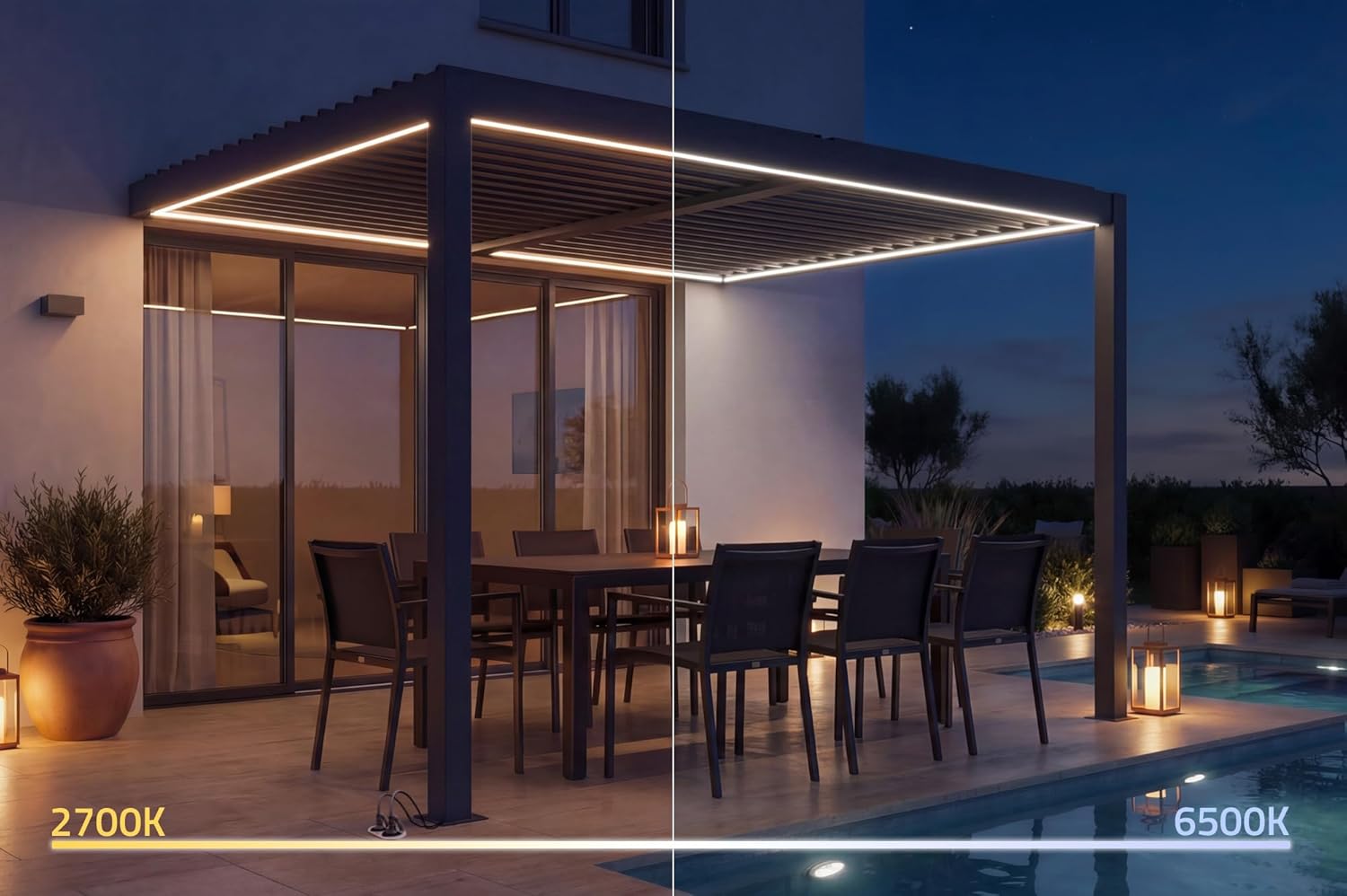 Cazeboo - Pergola bioclimatique motorisée LED 394x300cm, alu, vent 80km/h