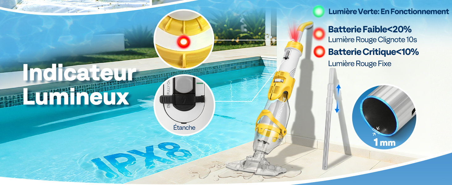 Le texte indique « Indicateur Lumineux ». Kit de test de la qualité de l'eau de piscine avec indicateur circulaire jaune, contenant des bandelettes de test blanches et jauge circulaire bleue affichée sur fond de piscine.
