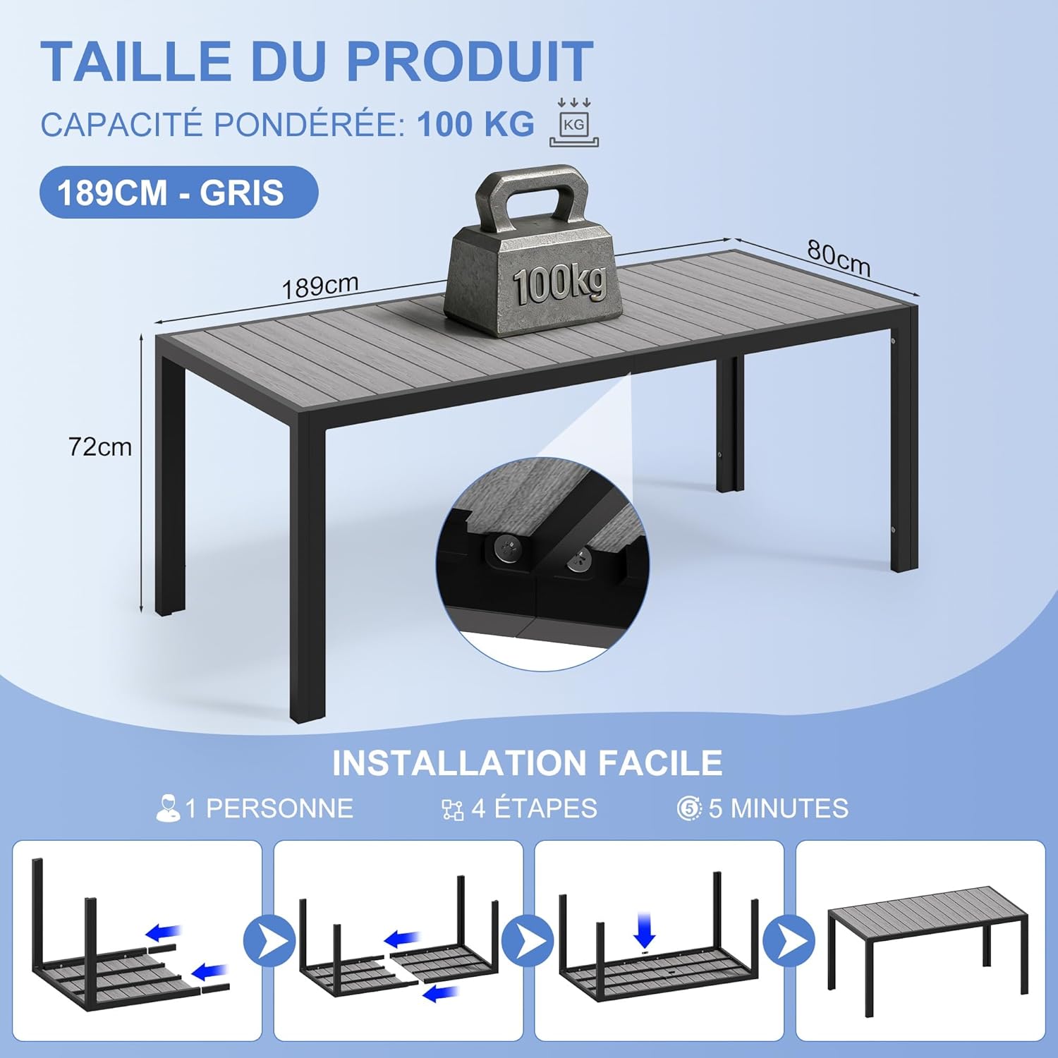 Devoko - HDPS - 189x80x72 cm - Table aluminium extérieur bois, 6-8 pers.