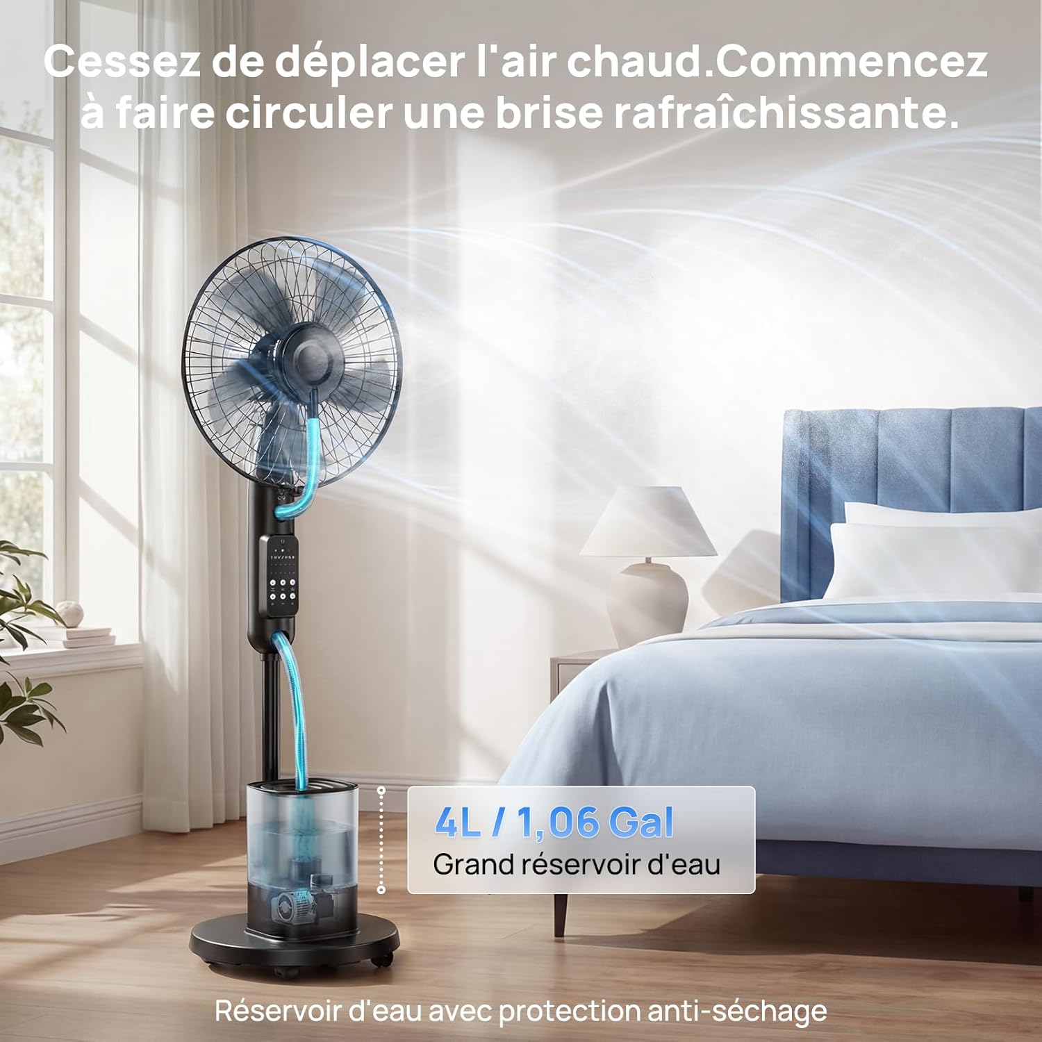 NebulaFlow - Ventilateur Brumisateur Amélioré - réservoir 4L, oscillant, 5 vitesses, minuterie, télécommande, 7,5h
