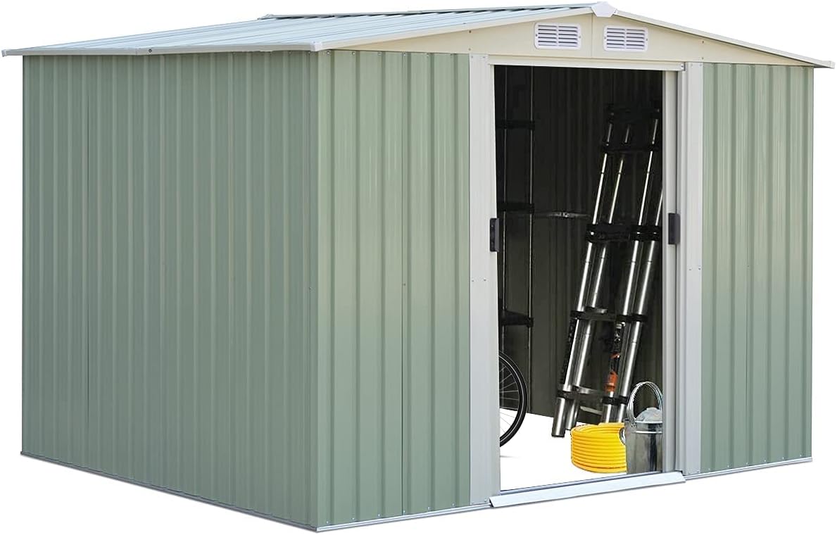 GOPLUS 4,75㎡ Abri de Jardin Métal Galvanisé, Cabine de Jardin Extérieur Portes Coulissantes, Résistant aux Intempéries, 8,34m³, Cabane de Rangement à Outils, 205 x 257 x 175 cm, Vert
