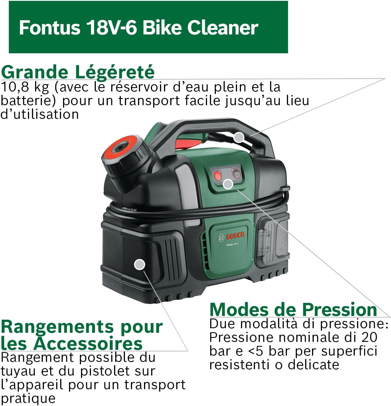Bosch Fontus 18V - 6L réservoir, pression réglable, batterie incluse, 18V-6