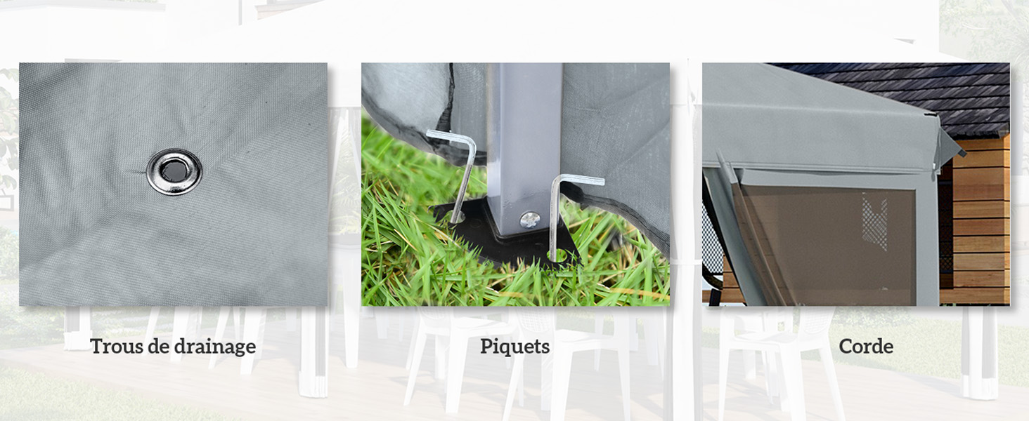 Image à trois panneaux montrant les caractéristiques du trou de drainage, du piquet et du cordon d'un produit, probablement liées à une utilisation en extérieur ou pour le jardinage