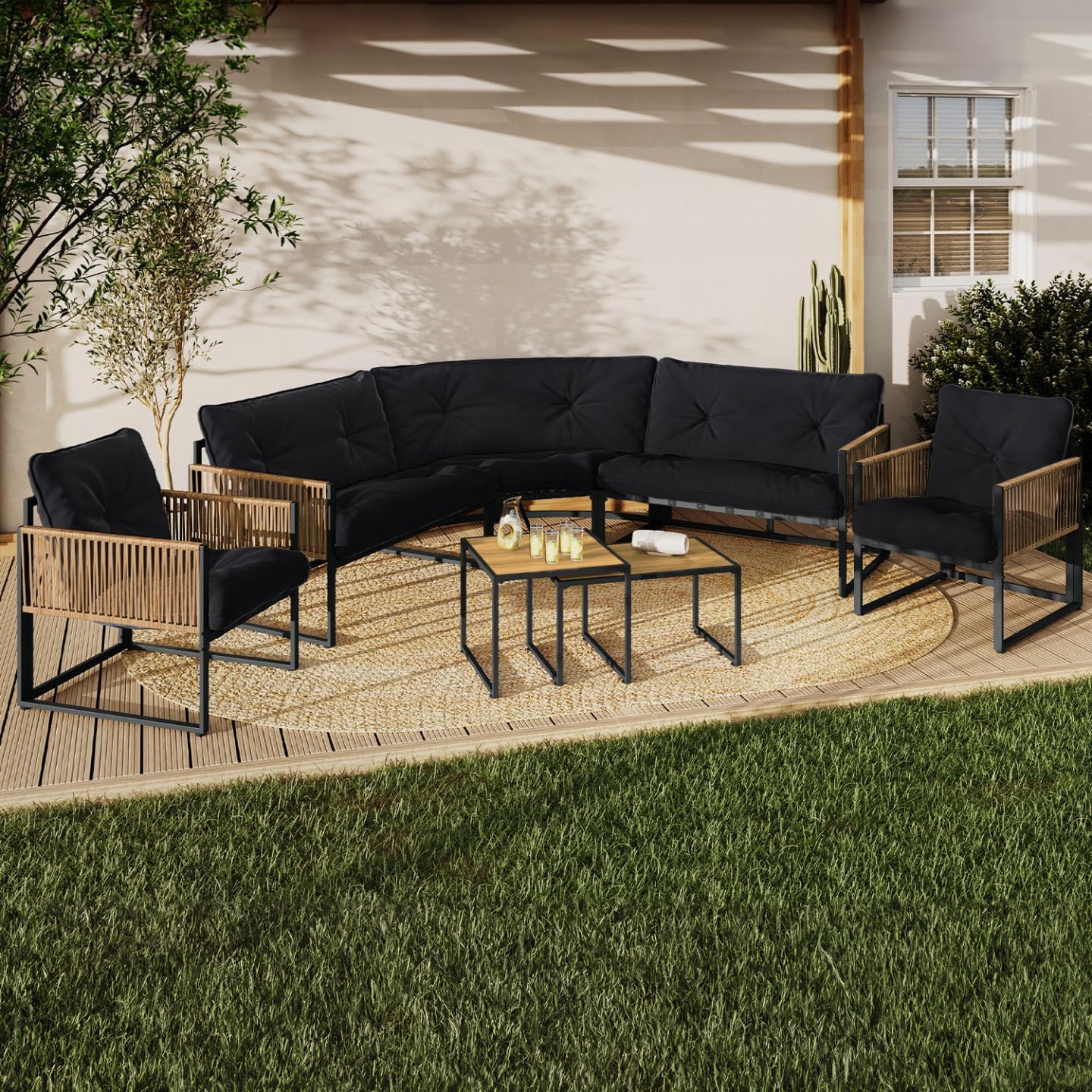 IDMarket - Rio salon de jardin angle 8 places métal rotin coussins noir