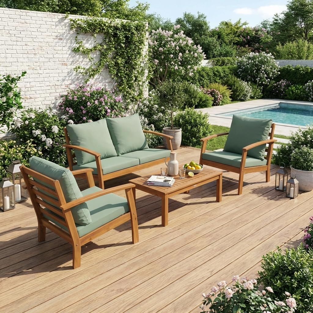 Alice's Garden - Ushuaïa - Salon de jardin bois 4 places, coussins verts, canapé, fauteuils, table basse