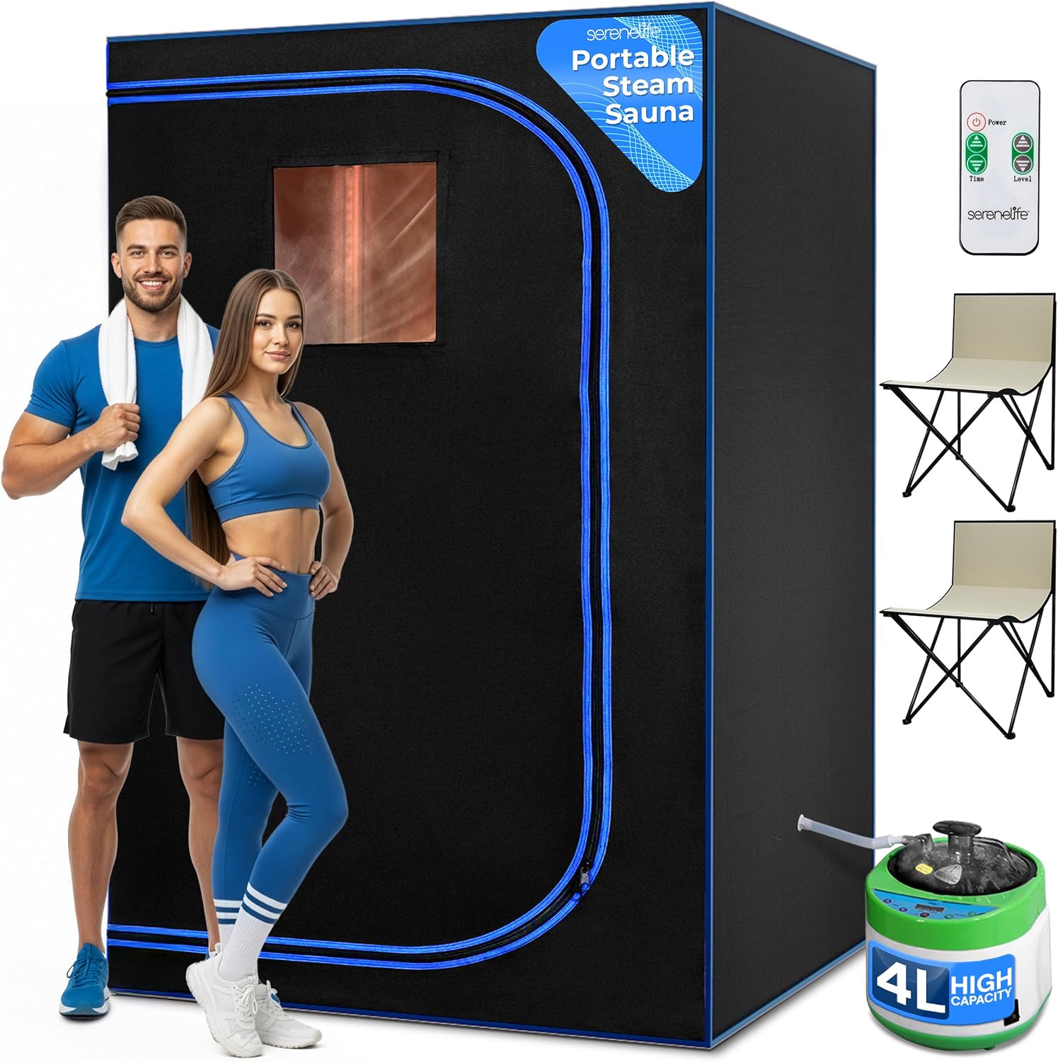 SereneLife Sauna Portable, pour Deux Personnes, Sauna Infrarouge, Thérapie du Corps et Relaxation, Tente Chauffante Mobile, Spa Maison avec Générateur de Vapeur, 2 Chaises pliables et Télécommande