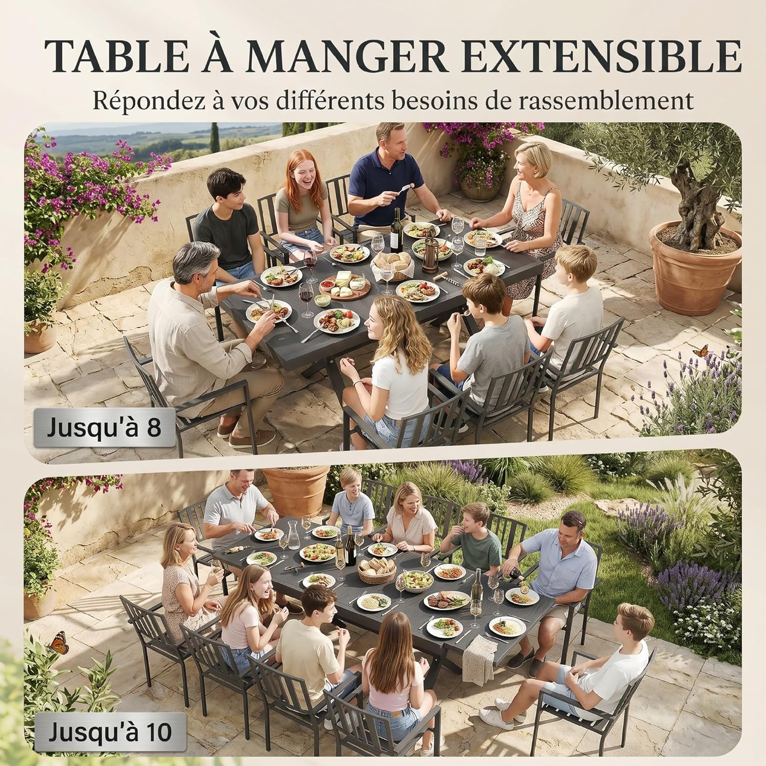 Outsunny - Table Extensible Jardin - 154-214 cm - Alu effet bois, 8-10 pers, pieds réglables, structure X, gris anthraci