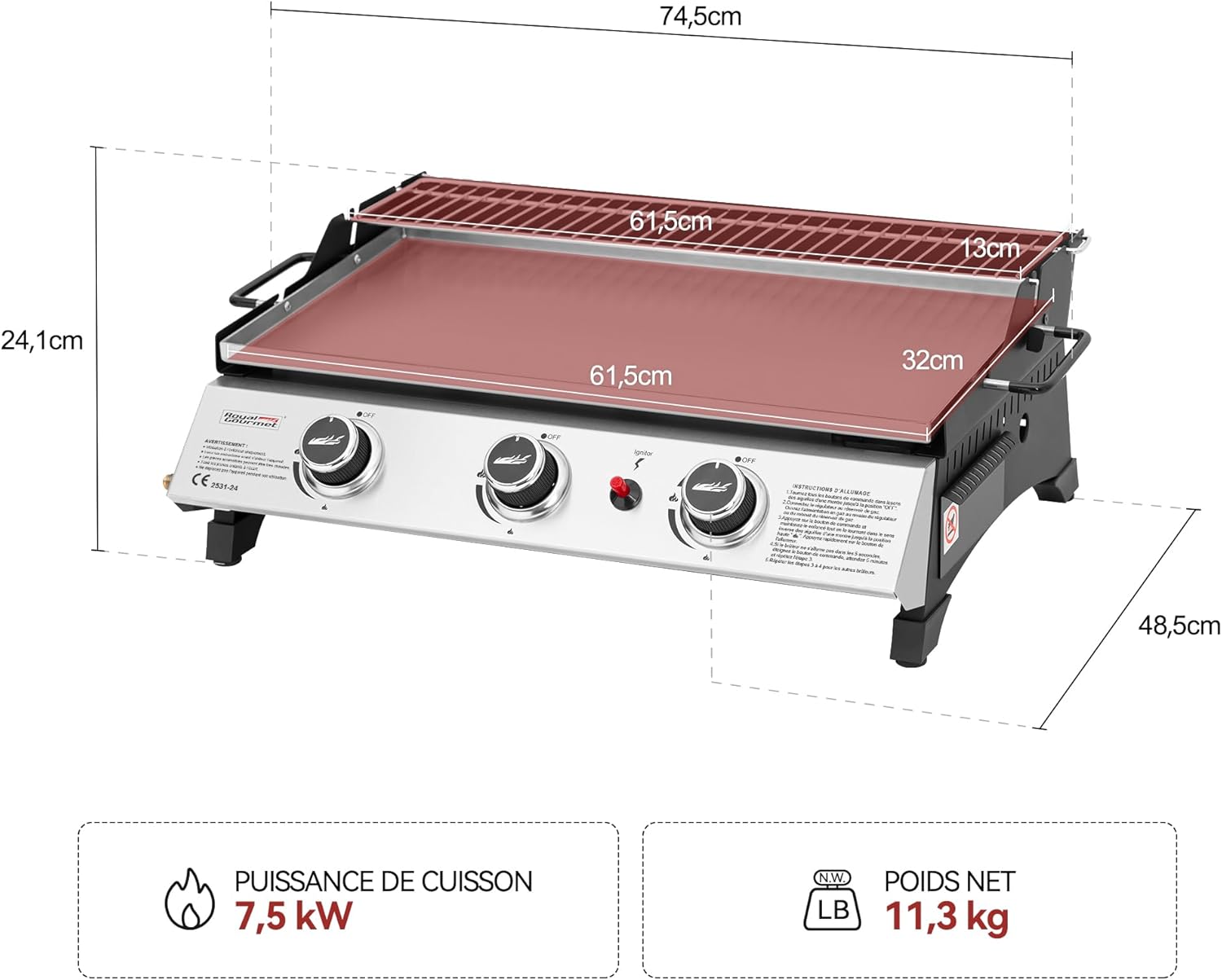 Royal Gourmet - Plancha gaz inox 3 brûleurs 61,5x32cm, 7,5kW, usage extérieur