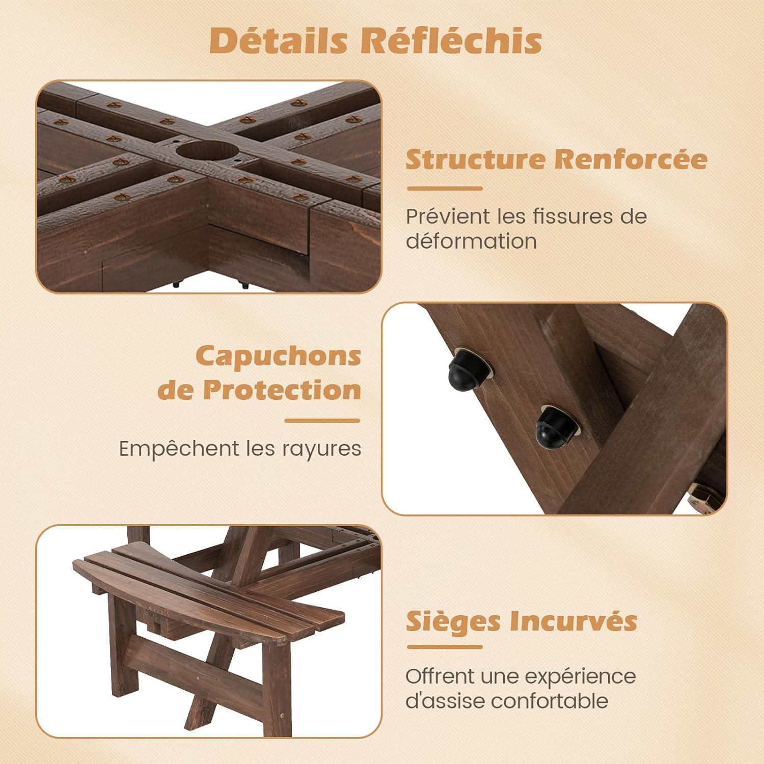 GOPLUS - Table pique-nique ronde 8 places - 4 bancs intégrés, parasol 5cm, marron, 100+250kg
