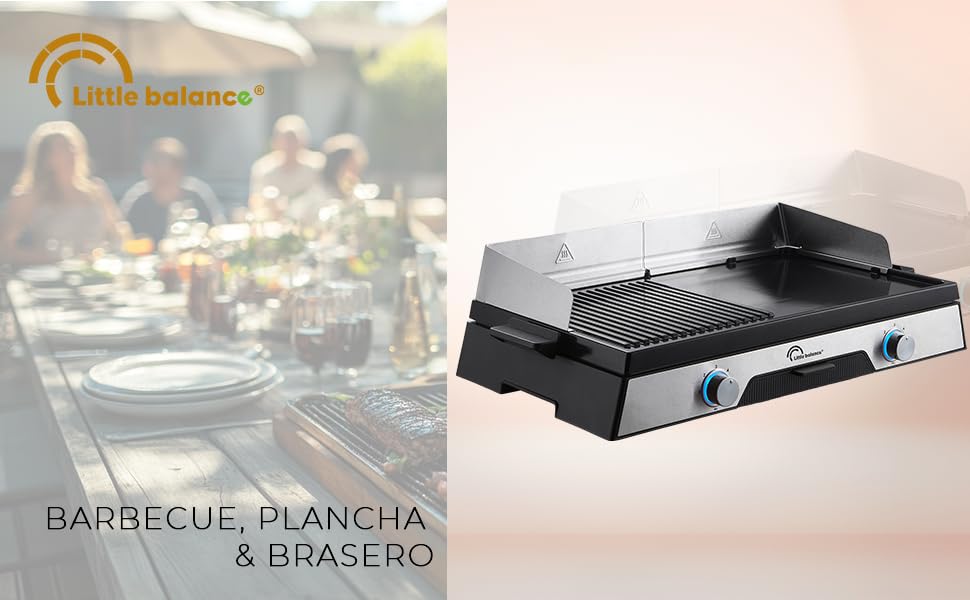 Le texte indique « BARBECUE, PLANCHA & BRASERO » avec logo. Plaque chauffante de table noire ou grill portable avec panneau de commande affiché sur le plan de travail.