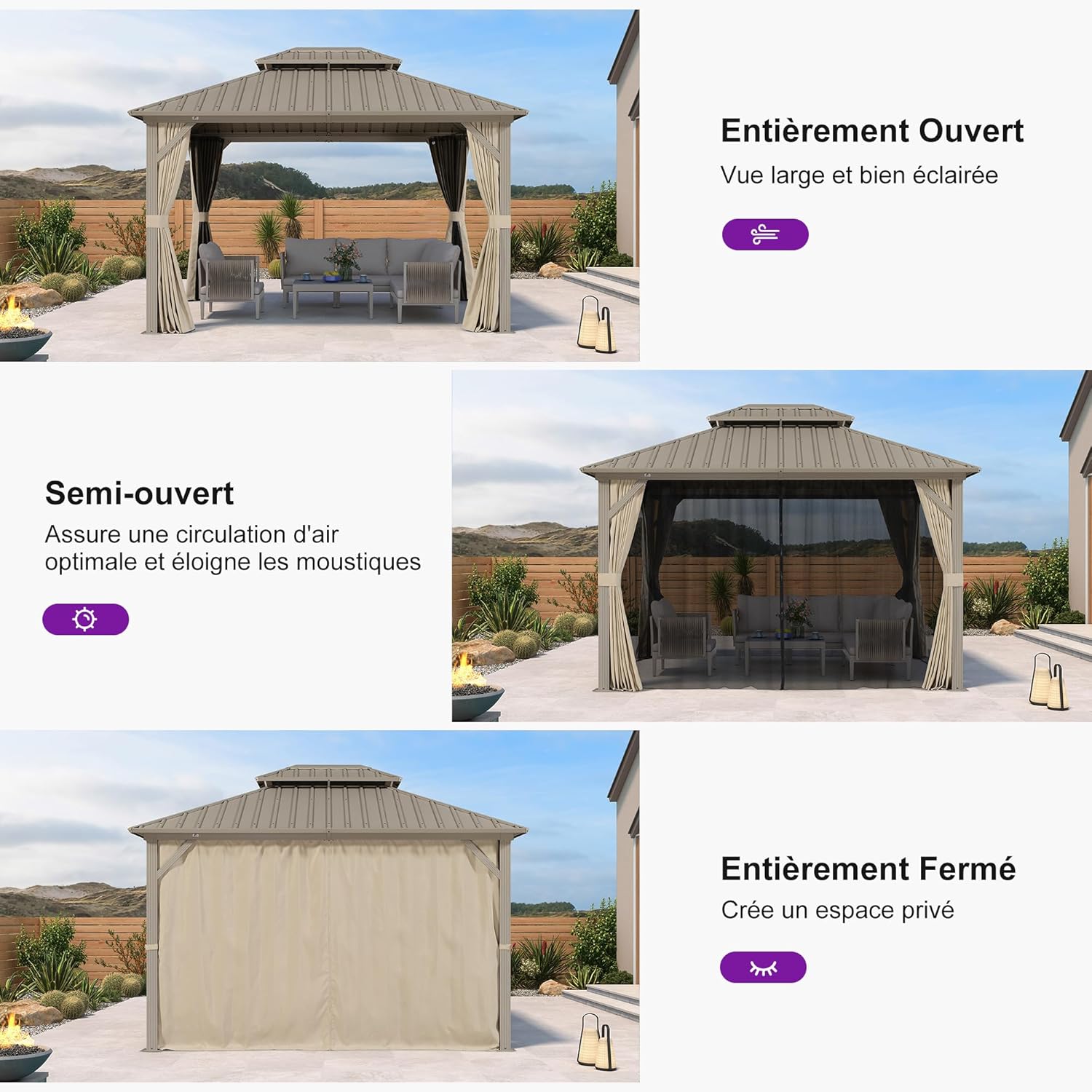 PURPLE LEAF - pergola aluminium - 3,65x3m - double toit, moustiquaire, rideaux