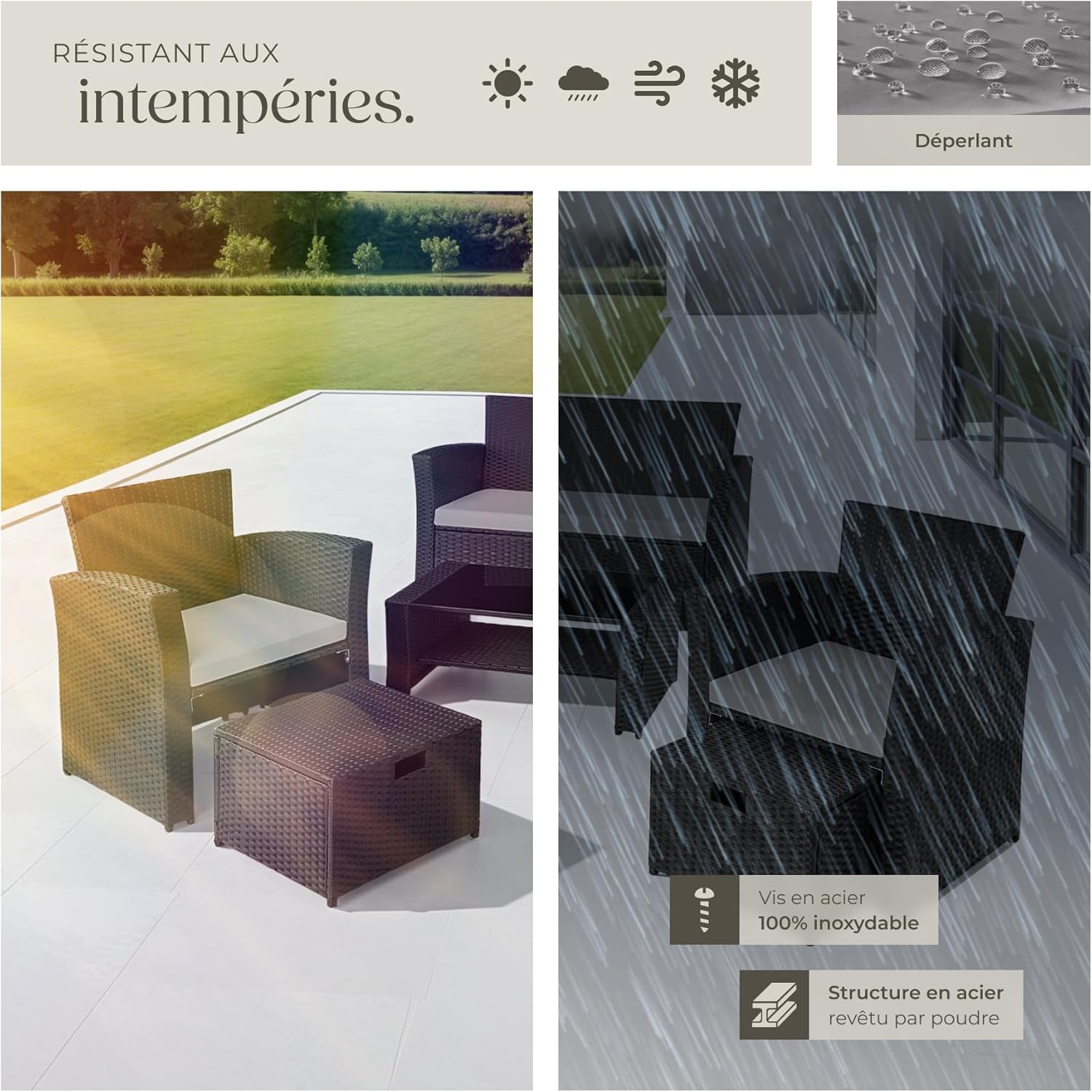 tectake - salon jardin poly rotin, 1 banquette, 2 fauteuils, table, noir/gris