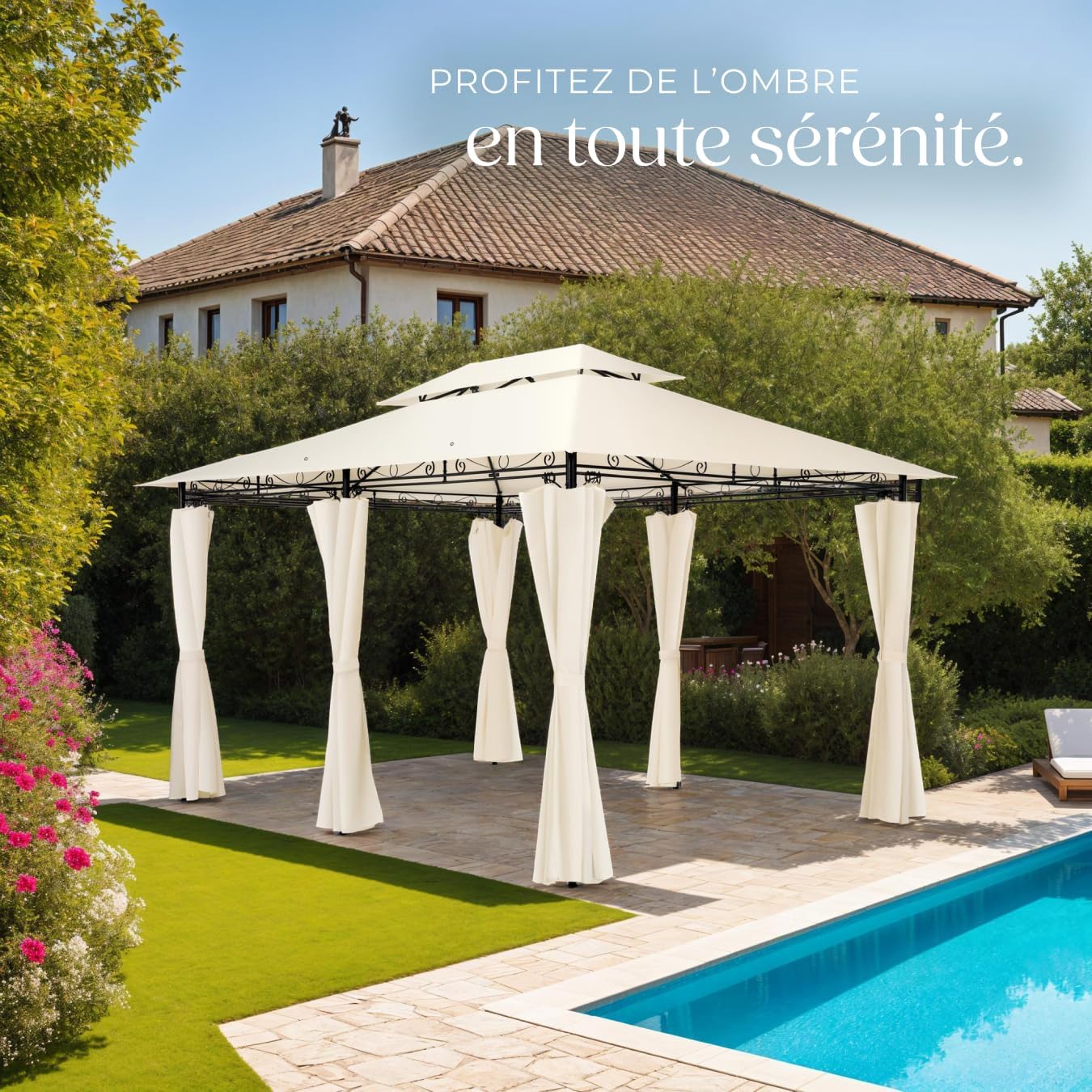 tectake - Tonnelle de jardin acier 4x3m imperméable UVP 50+, rideaux