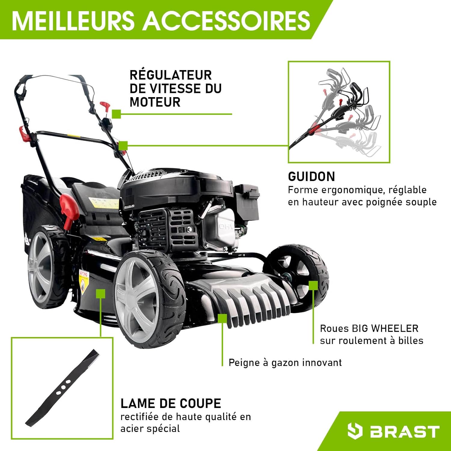 BRAST Tondeuse Thermique tractée 46cm 170 CC mulchig 3,5kW (4,7 CV), 60l -5 MODÈLES Diff.- Moteur 4 Temps Easy Clean, 3en1, châssis en tôle d'acier, Tondeuse Thermique Coupe reglable
