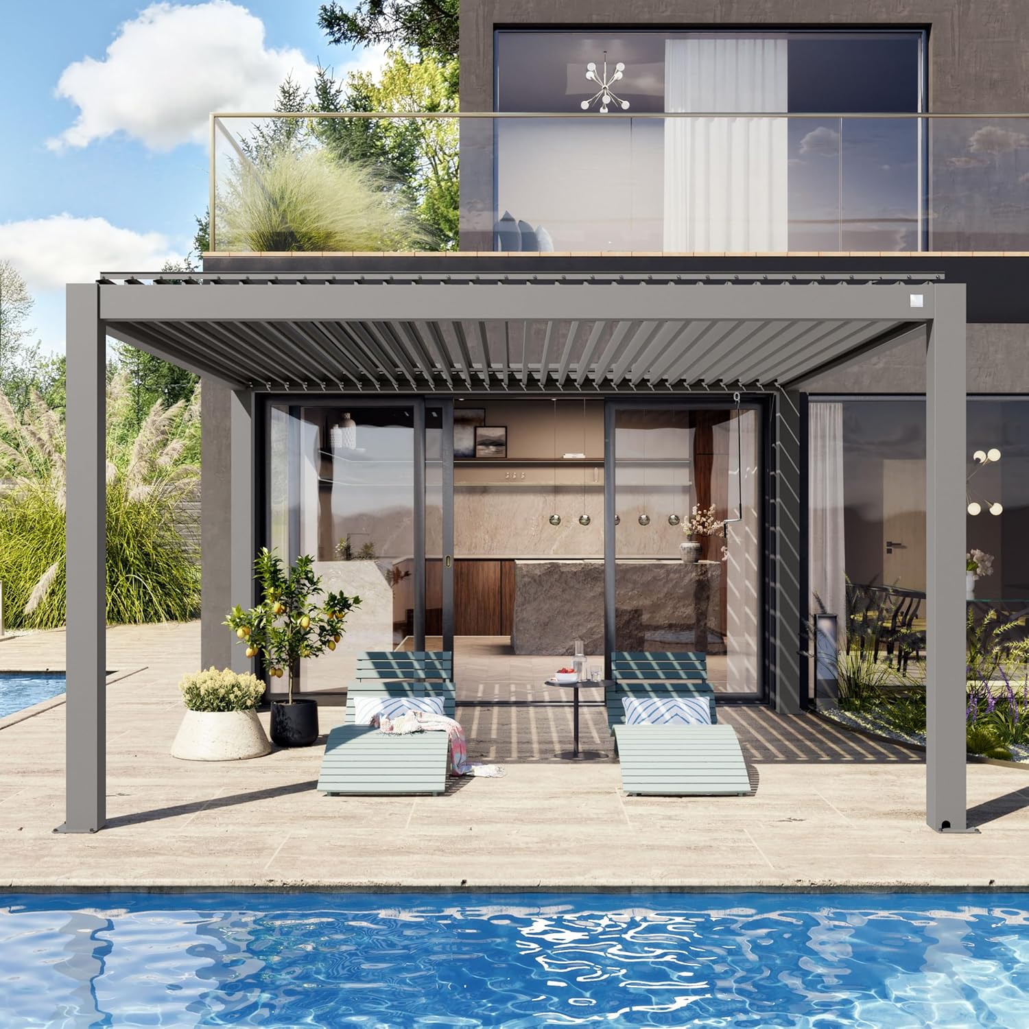 PRIMEYARD - Pergola aluminium, lames orientables, 4x4 m, gris