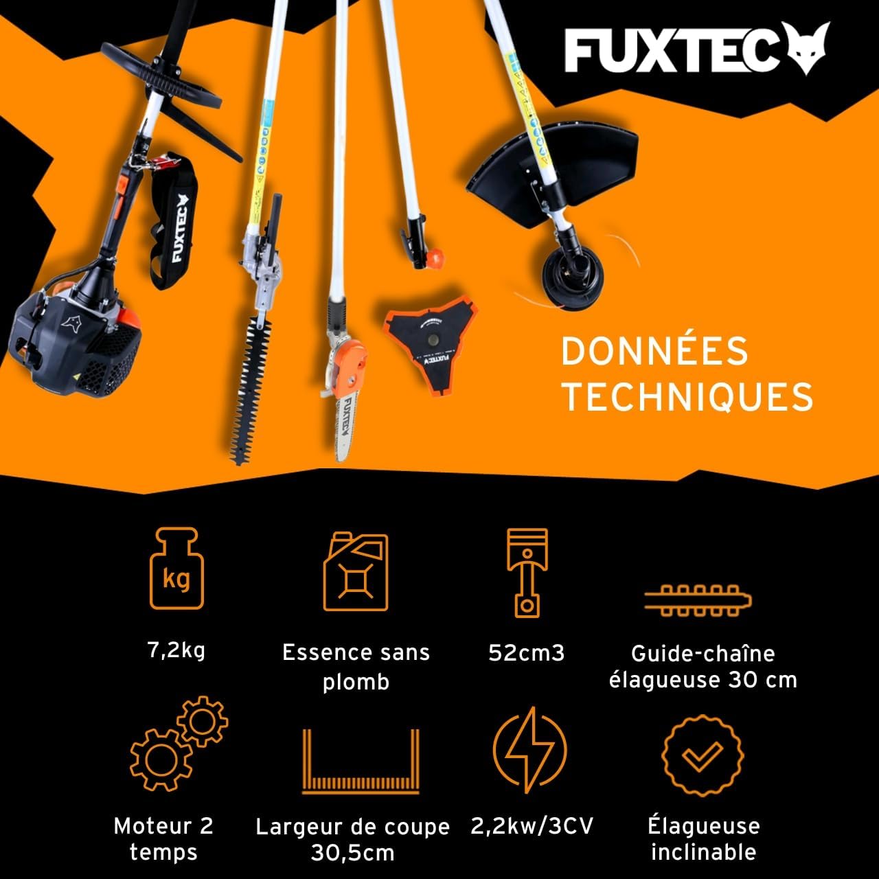 Fuxtec Débroussailleuse Thermique Multifonction 5en1 Multitool FX-MT252ER Easy Starter 3CV 52 cm³, Moteur 2 Temps, Élagueuse Inclinable Taille Haie Coupe Bordure avec Fil ou Lame 1 Mètre Rallonge