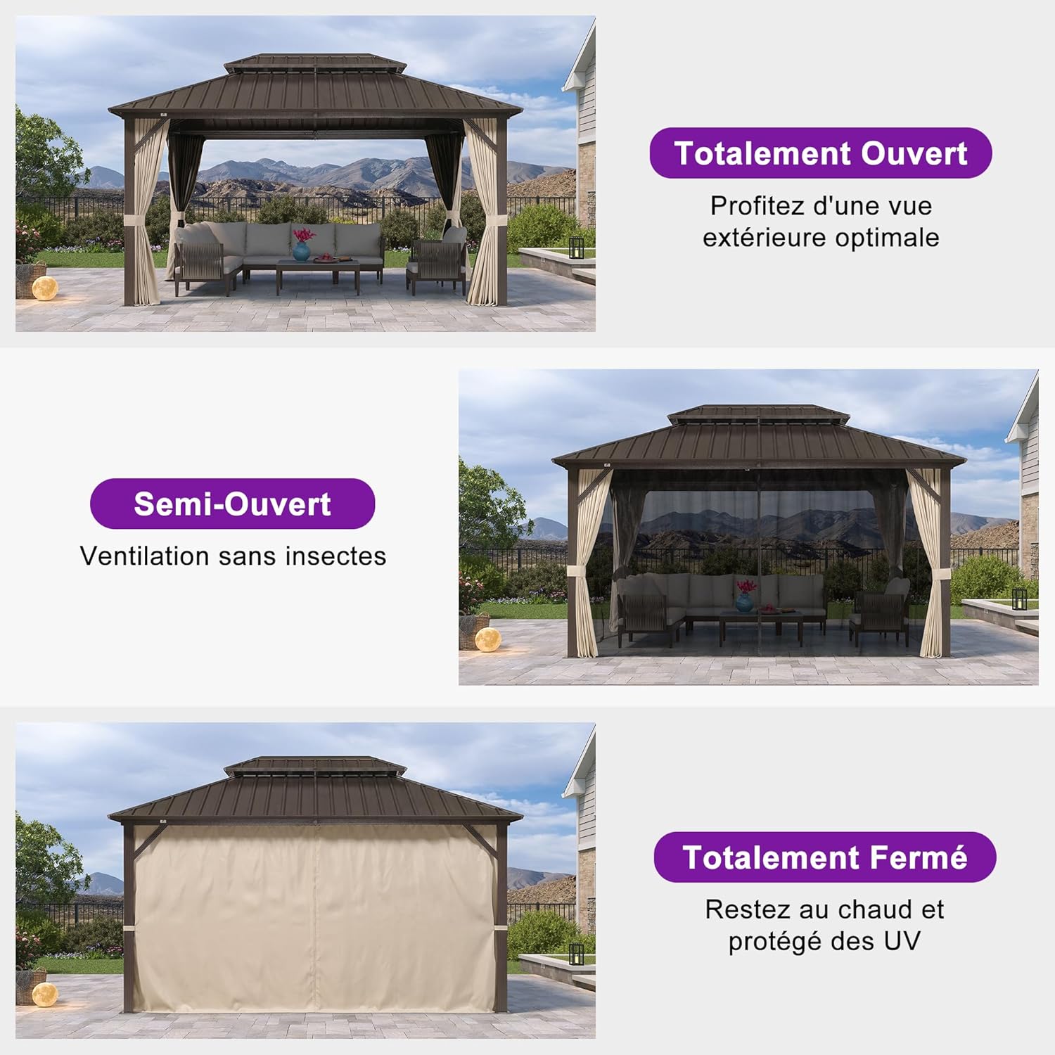PURPLE LEAF - Pergola toit rigide - 4,25x3m - acier, aluminium, guirlande