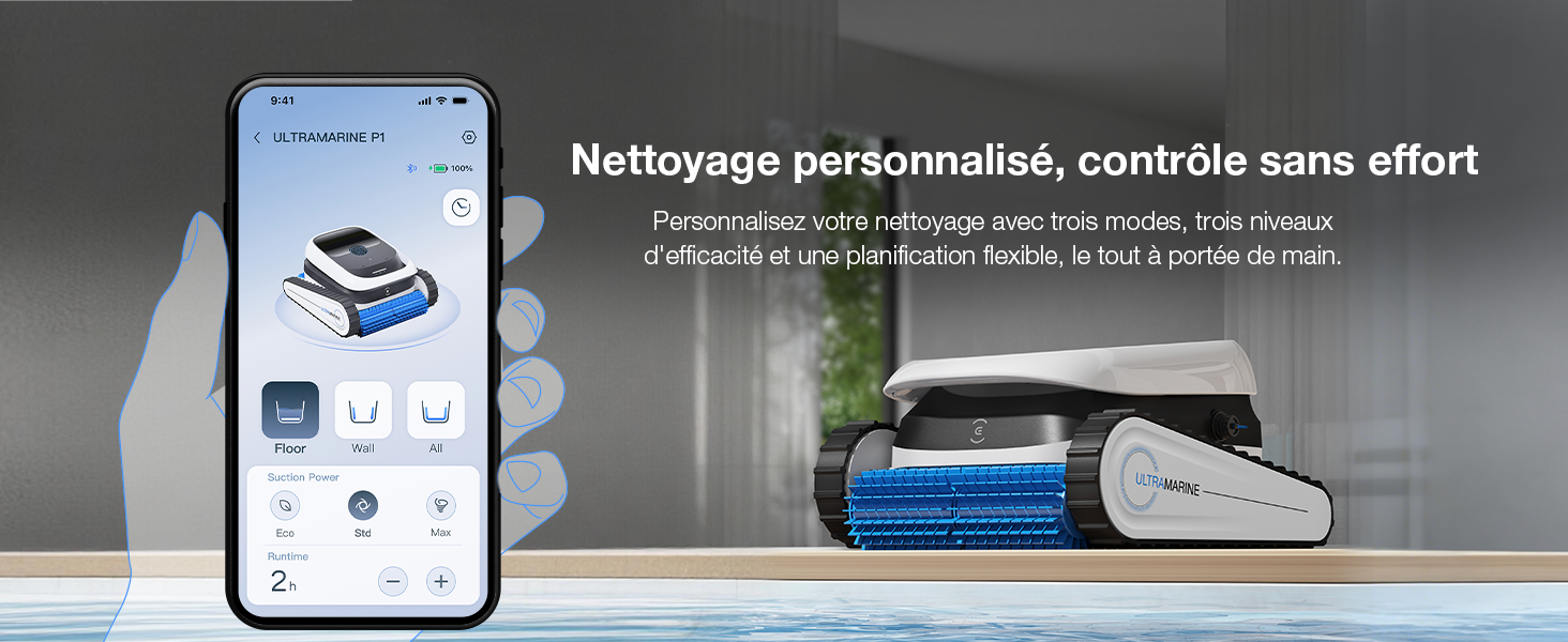 Le texte indique « Nettoyage personnalisé, contrôle sans effort ». Affiche l'interface de l'application pour smartphone et le dispositif robotique, affichant les fonctionnalités de personnalisation et de contrôle du nettoyage.